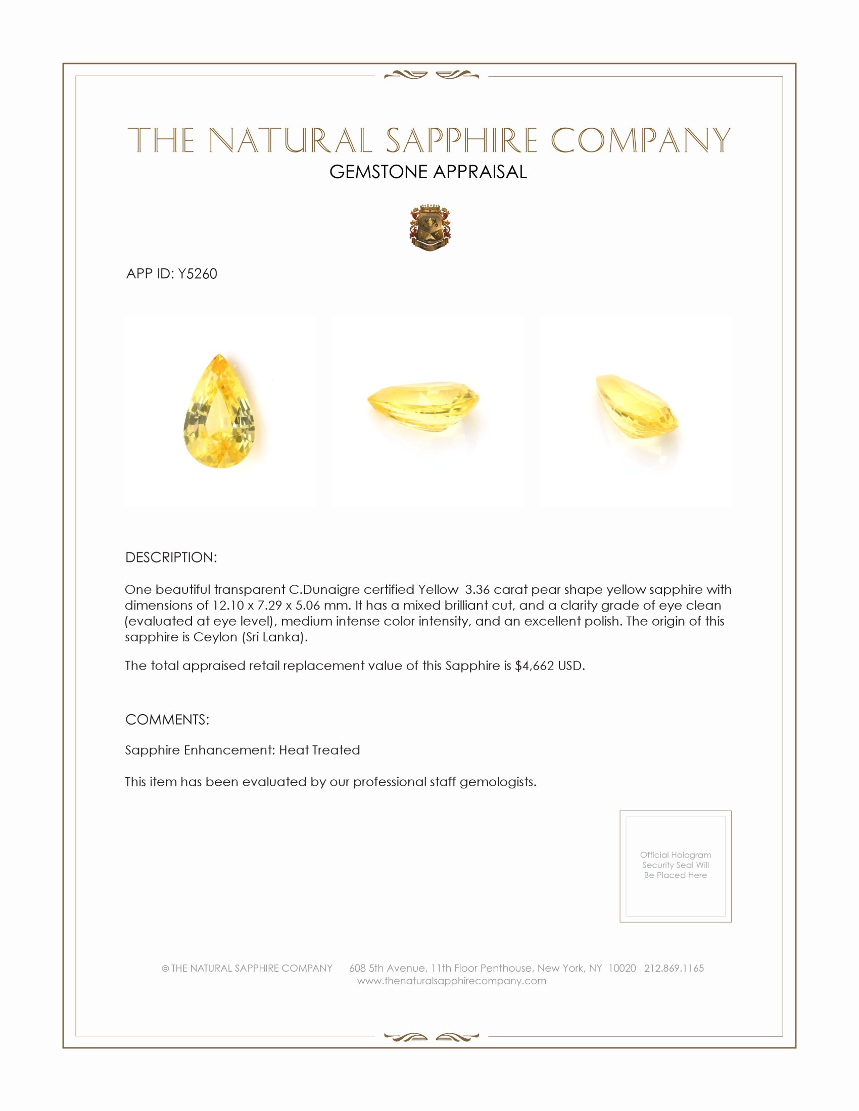 3.36 Ct. Yellow Sapphire from Ceylon (Sri Lanka)