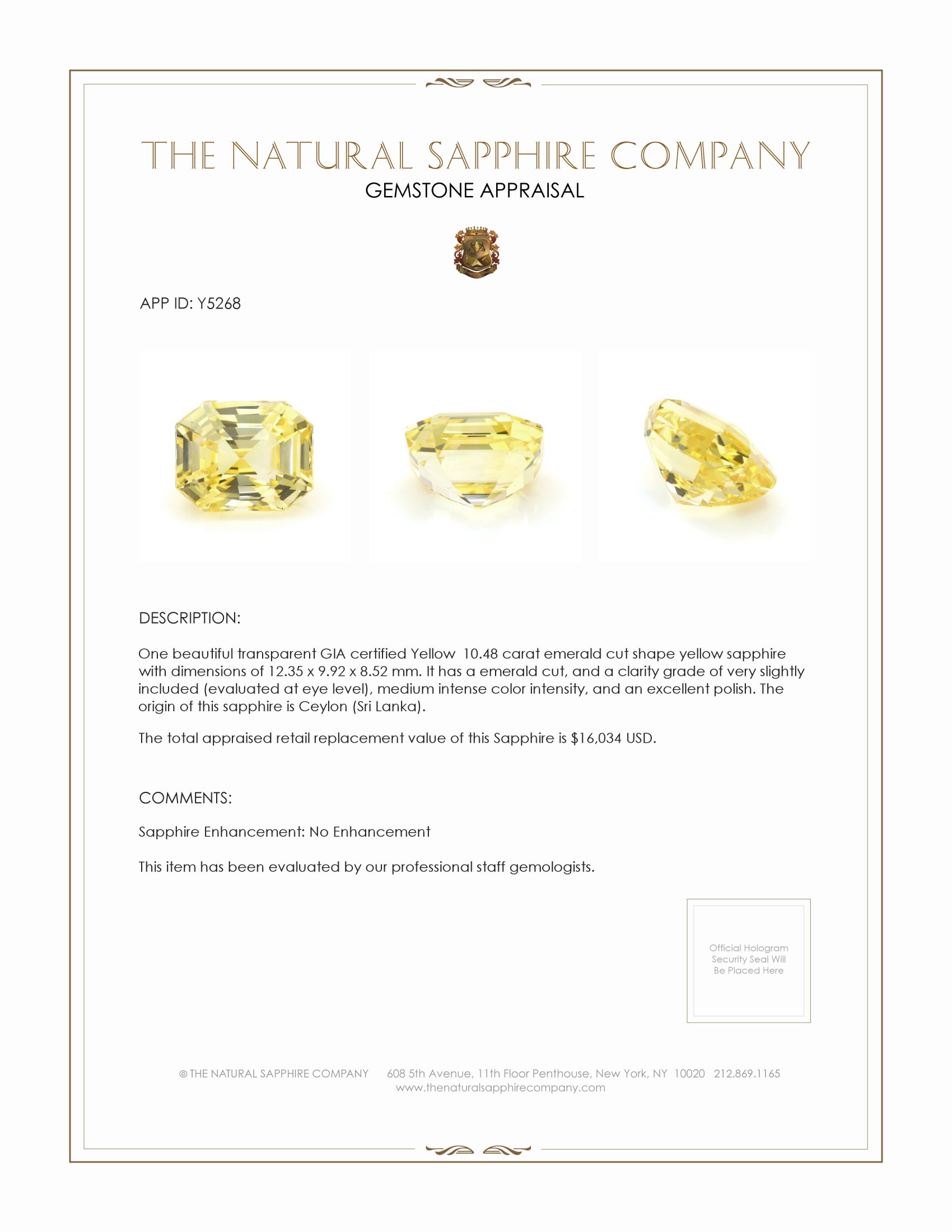 10.48 Ct. Yellow Sapphire from Ceylon (Sri Lanka)