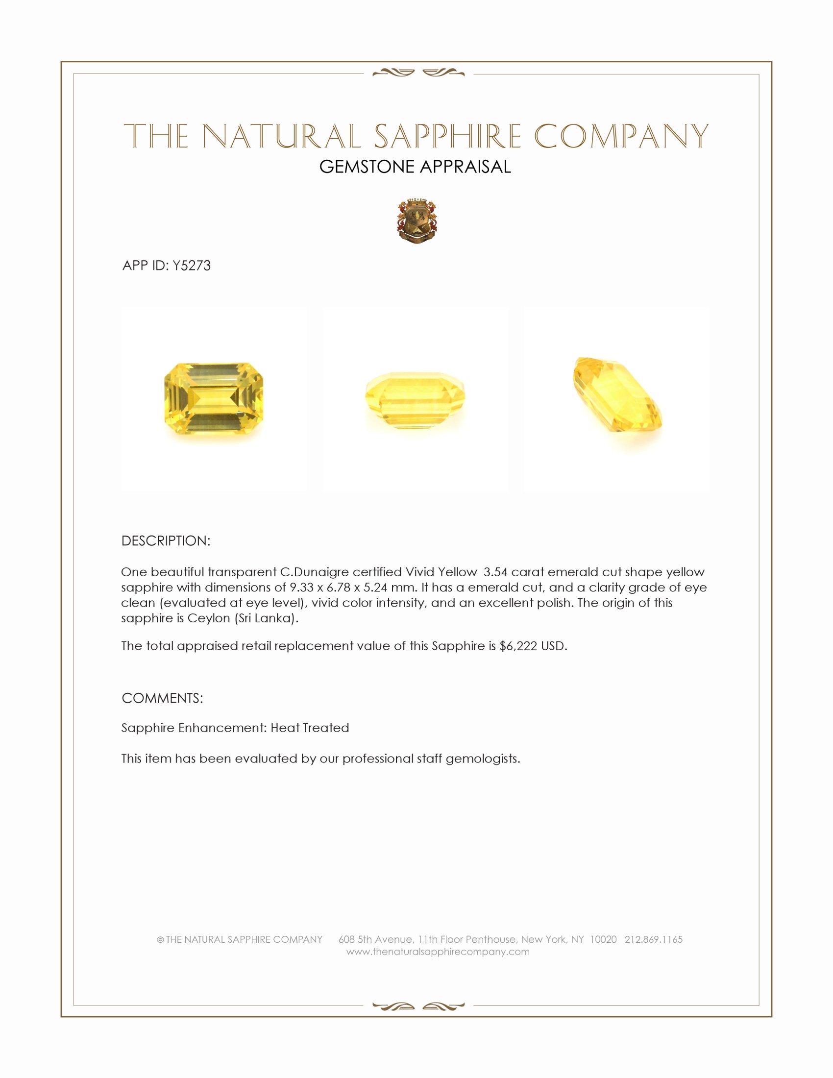 3.54 Ct. Yellow Sapphire from Ceylon (Sri Lanka)