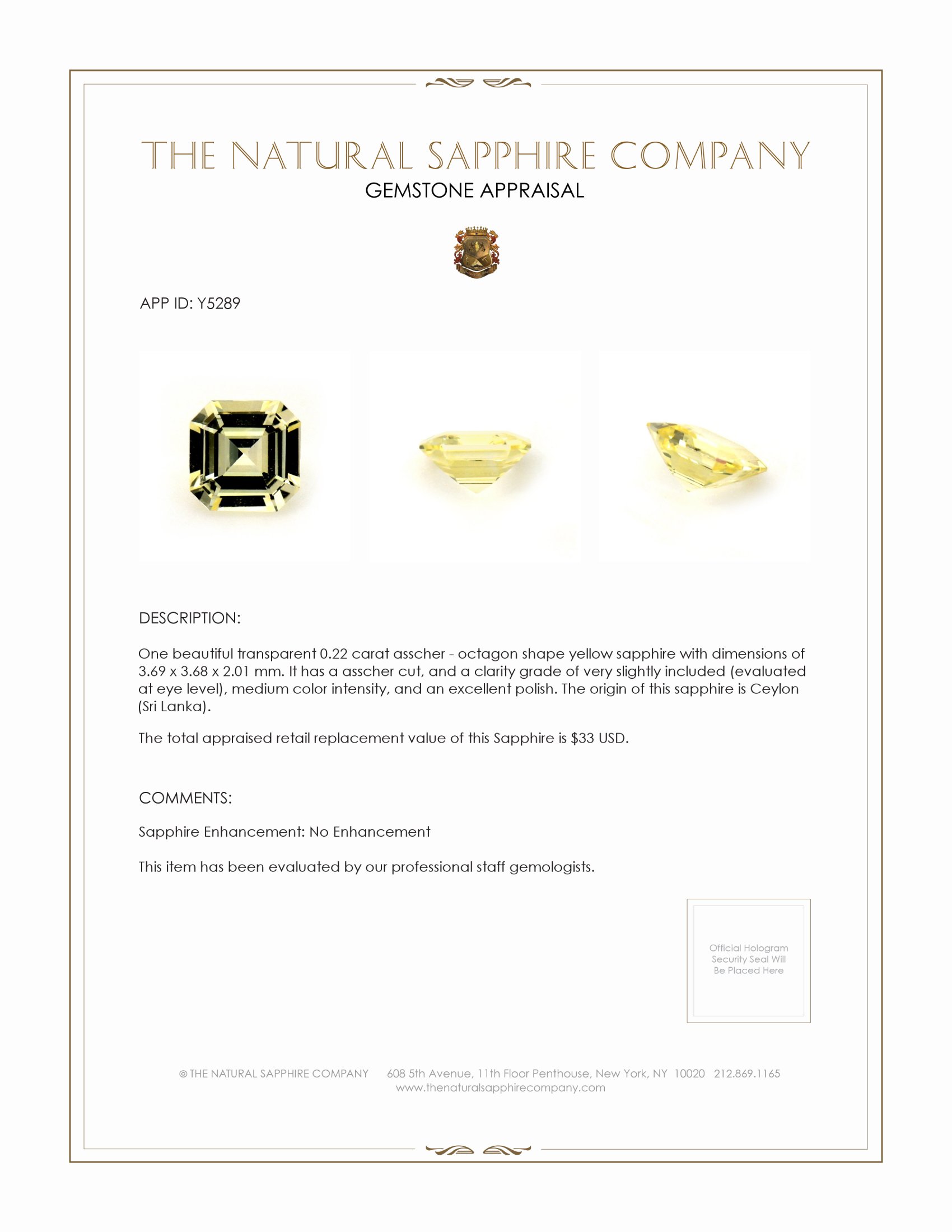 0.22 Ct. Yellow Sapphire from Ceylon (Sri Lanka)