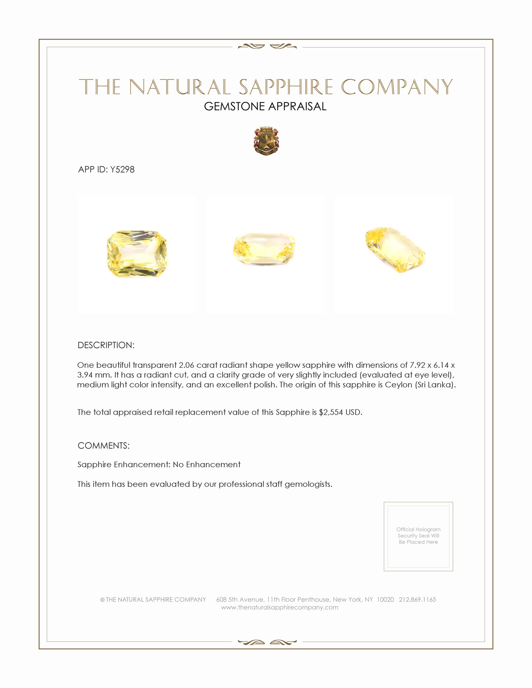 2.06 Ct. Yellow Sapphire from Ceylon (Sri Lanka)