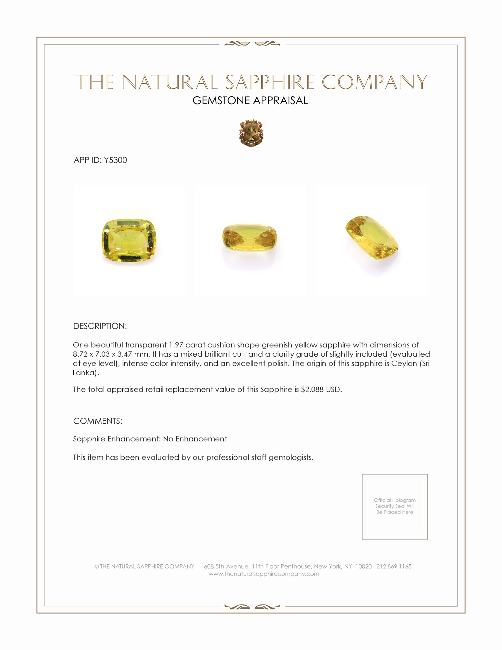 1.97 Ct. Greenish Yellow Sapphire from Ceylon (Sri Lanka)