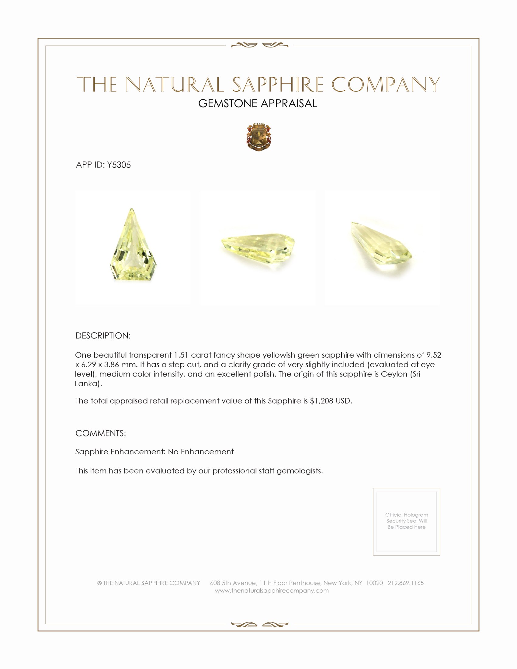1.51 Ct. Yellowish Green Sapphire from Ceylon (Sri Lanka)