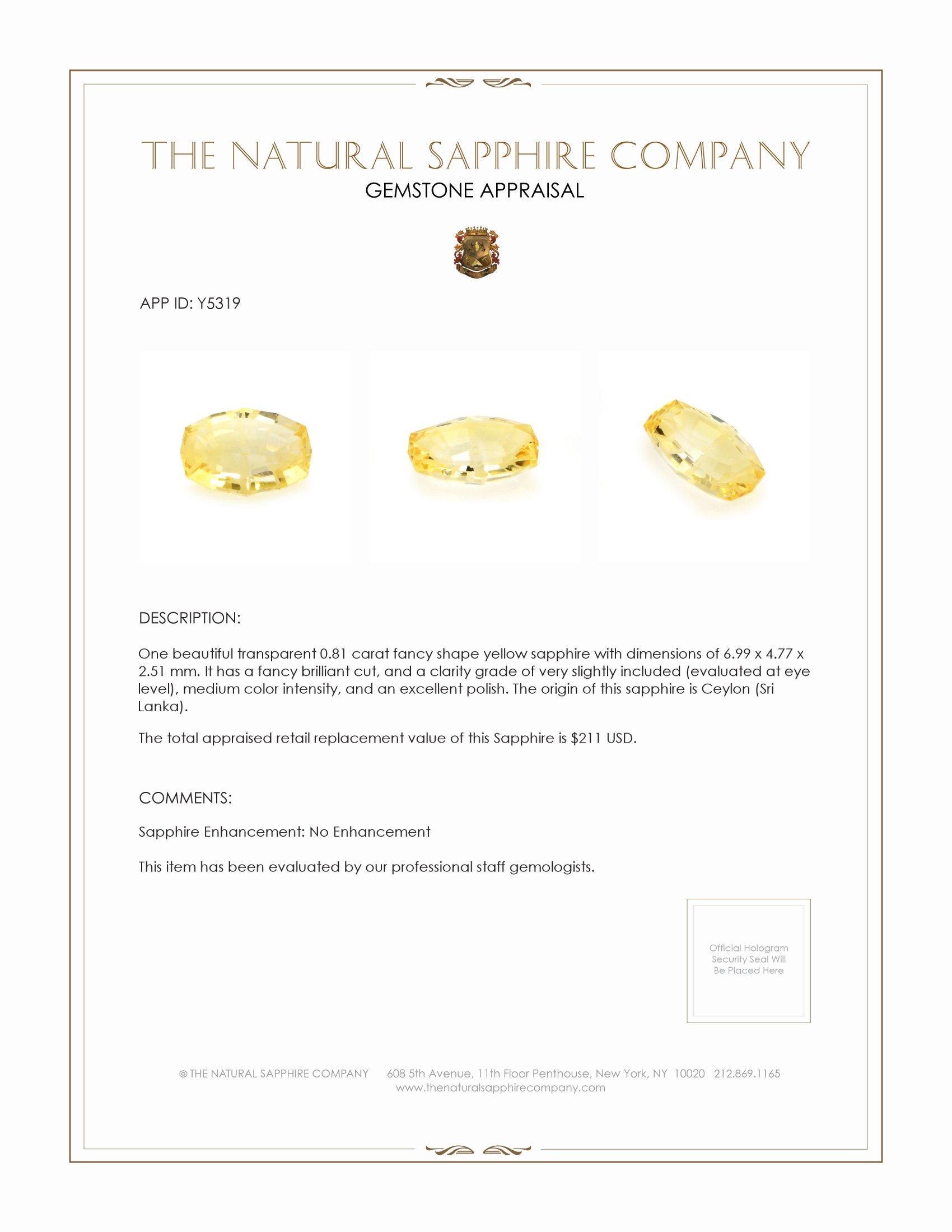 0.81 Ct. Yellow Sapphire from Ceylon (Sri Lanka)