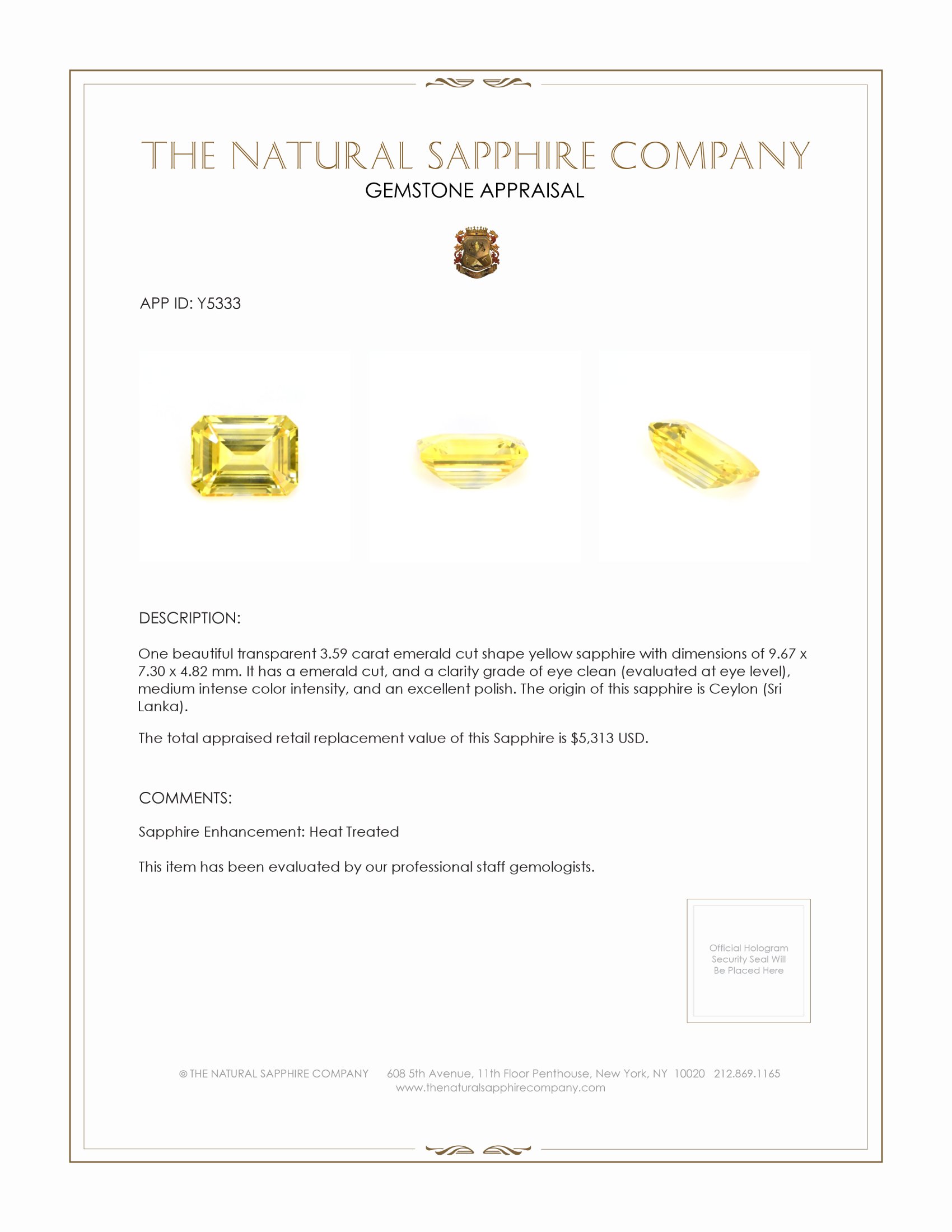 3.59 Ct. Yellow Sapphire from Ceylon (Sri Lanka)