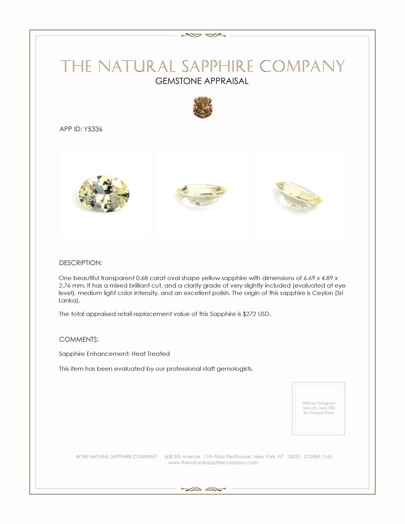 0.68 Ct. Yellow Sapphire from Ceylon (Sri Lanka)