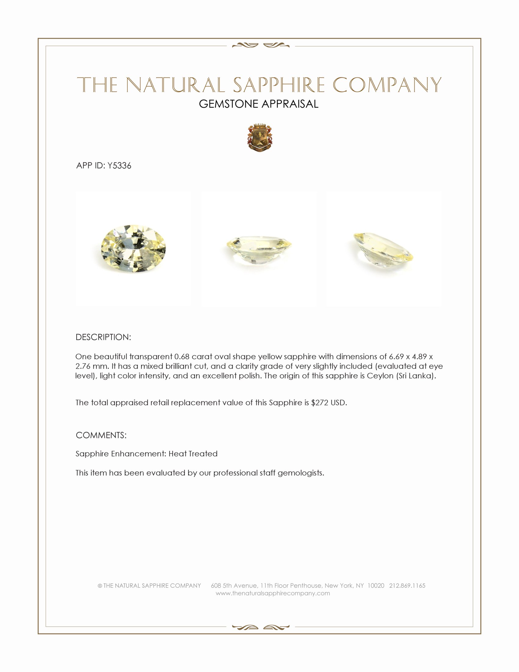 0.68 Ct. Yellow Sapphire from Ceylon (Sri Lanka)