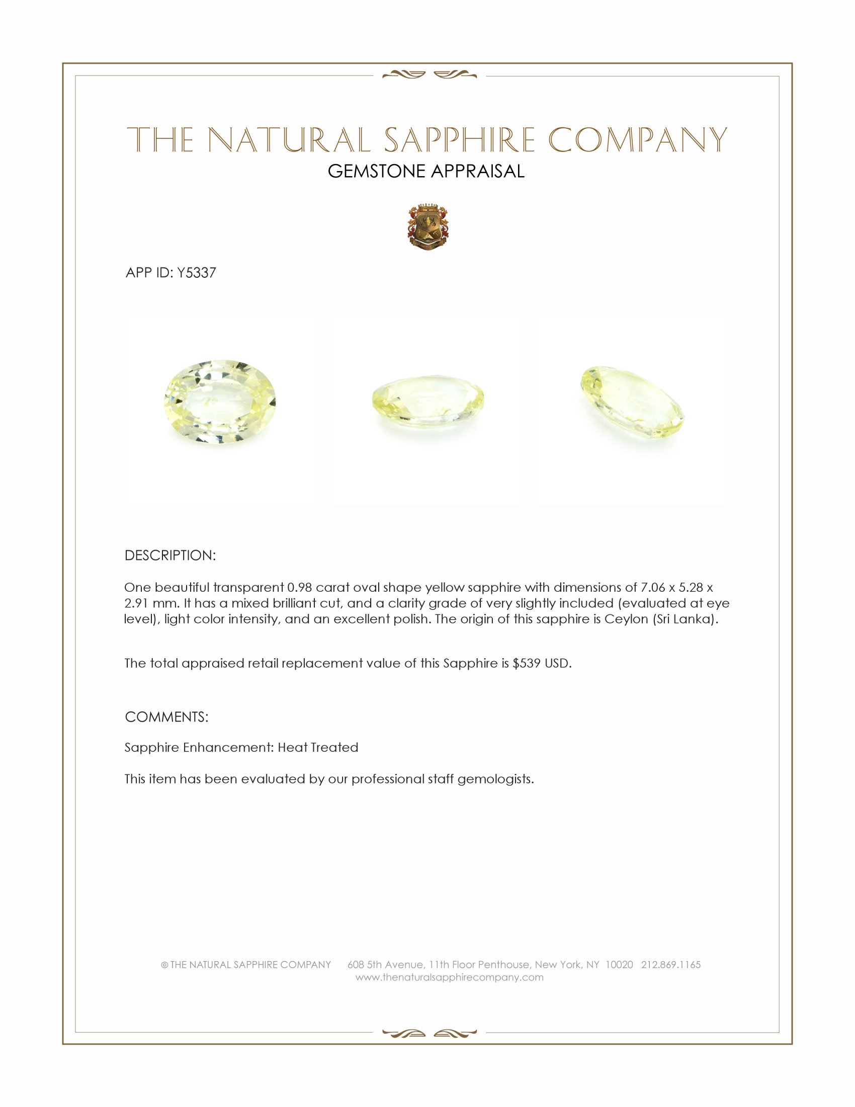 0.98 Ct. Yellow Sapphire from Ceylon (Sri Lanka)