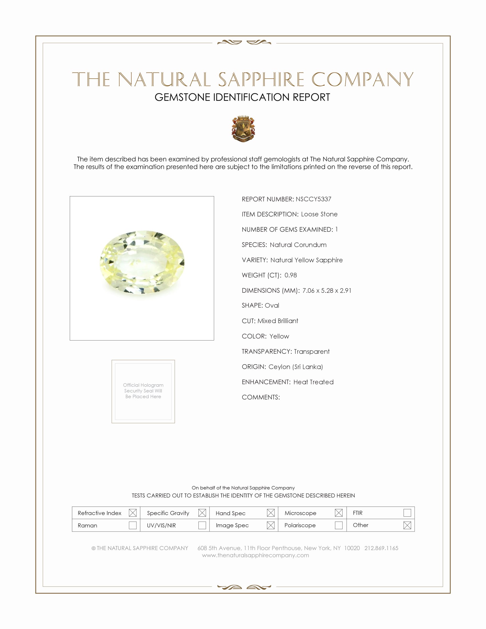 0.98 Ct. Yellow Sapphire from Ceylon (Sri Lanka)