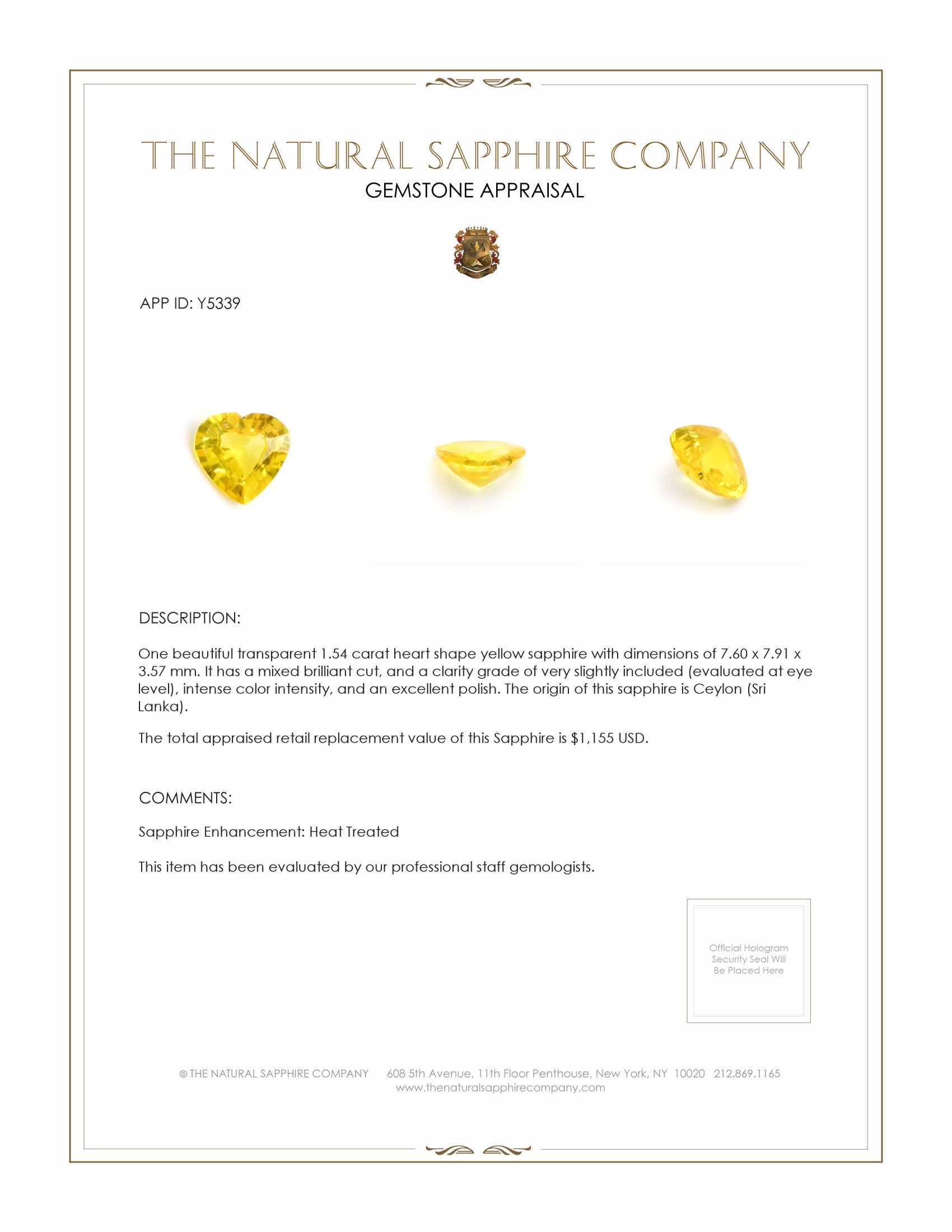 1.54 Ct. Yellow Sapphire from Ceylon (Sri Lanka)