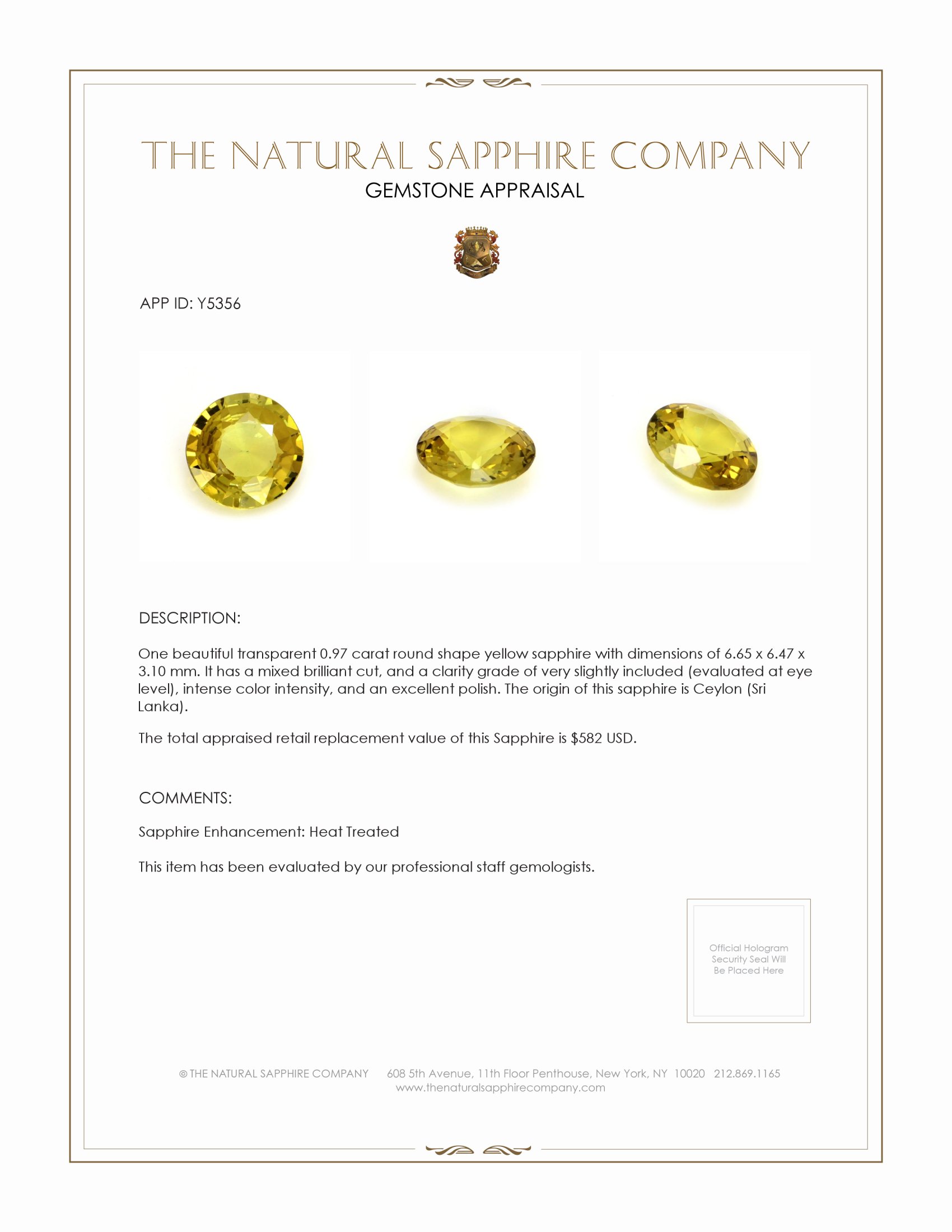 0.97 Ct. Yellow Sapphire from Ceylon (Sri Lanka)