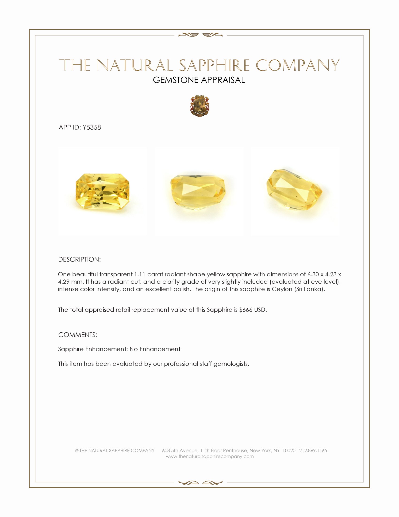 1.11 Ct. Yellow Sapphire from Ceylon (Sri Lanka)