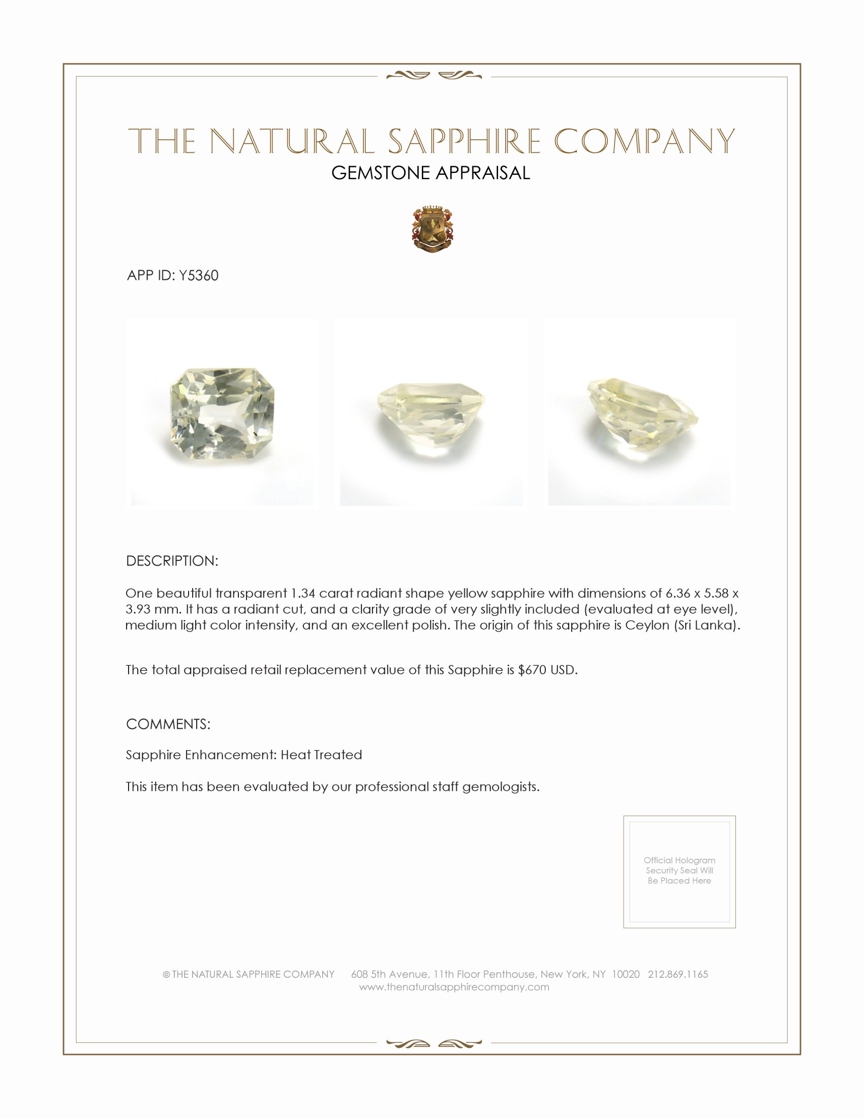 1.34 Ct. Yellow Sapphire from Ceylon (Sri Lanka)