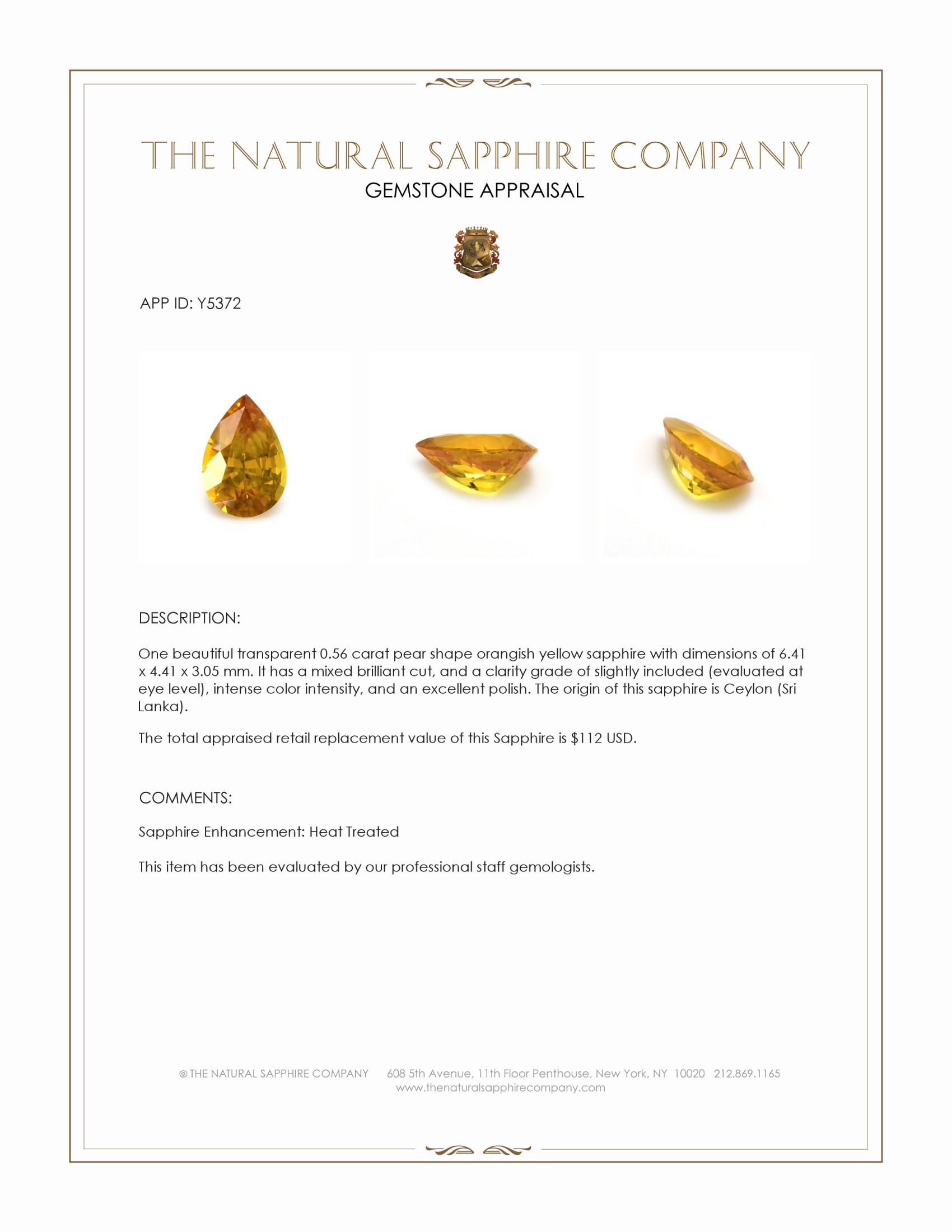 0.56 Ct. Orangish Yellow Sapphire from Ceylon (Sri Lanka)