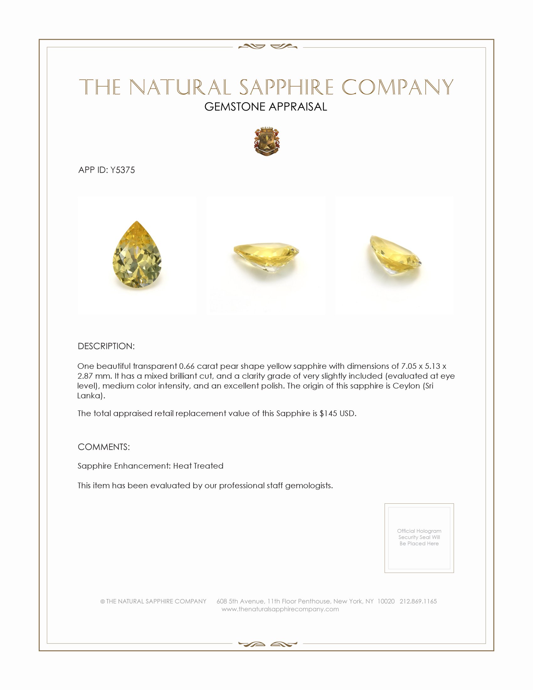 0.66 Ct. Yellow Sapphire from Ceylon (Sri Lanka)