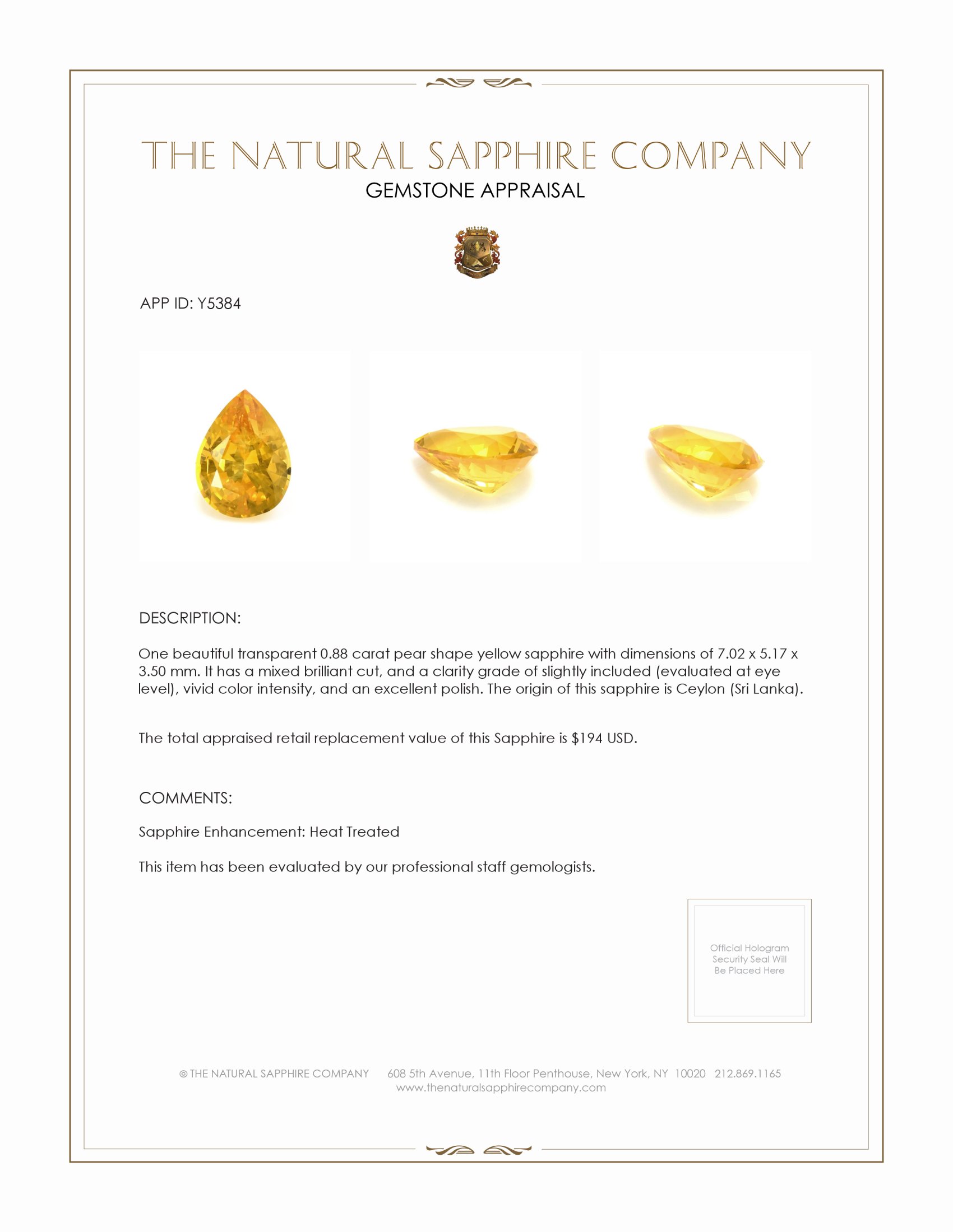 0.88 Ct. Yellow Sapphire from Ceylon (Sri Lanka)