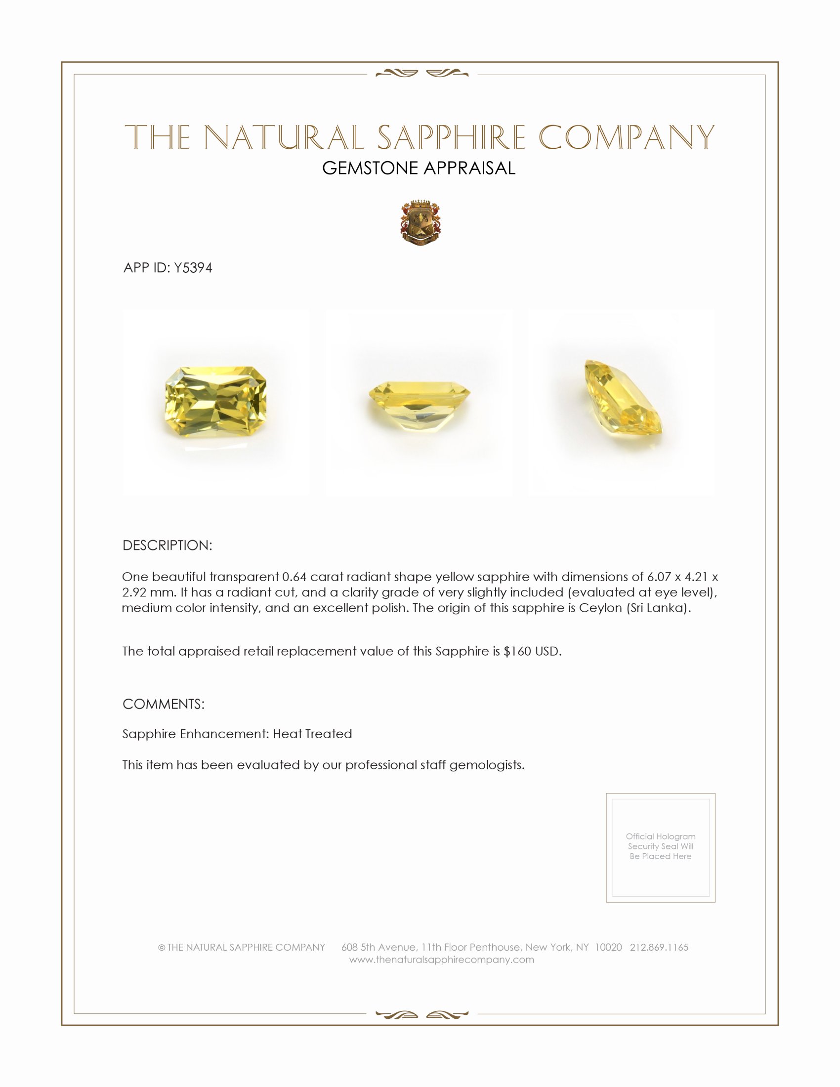 0.64 Ct. Yellow Sapphire from Ceylon (Sri Lanka)