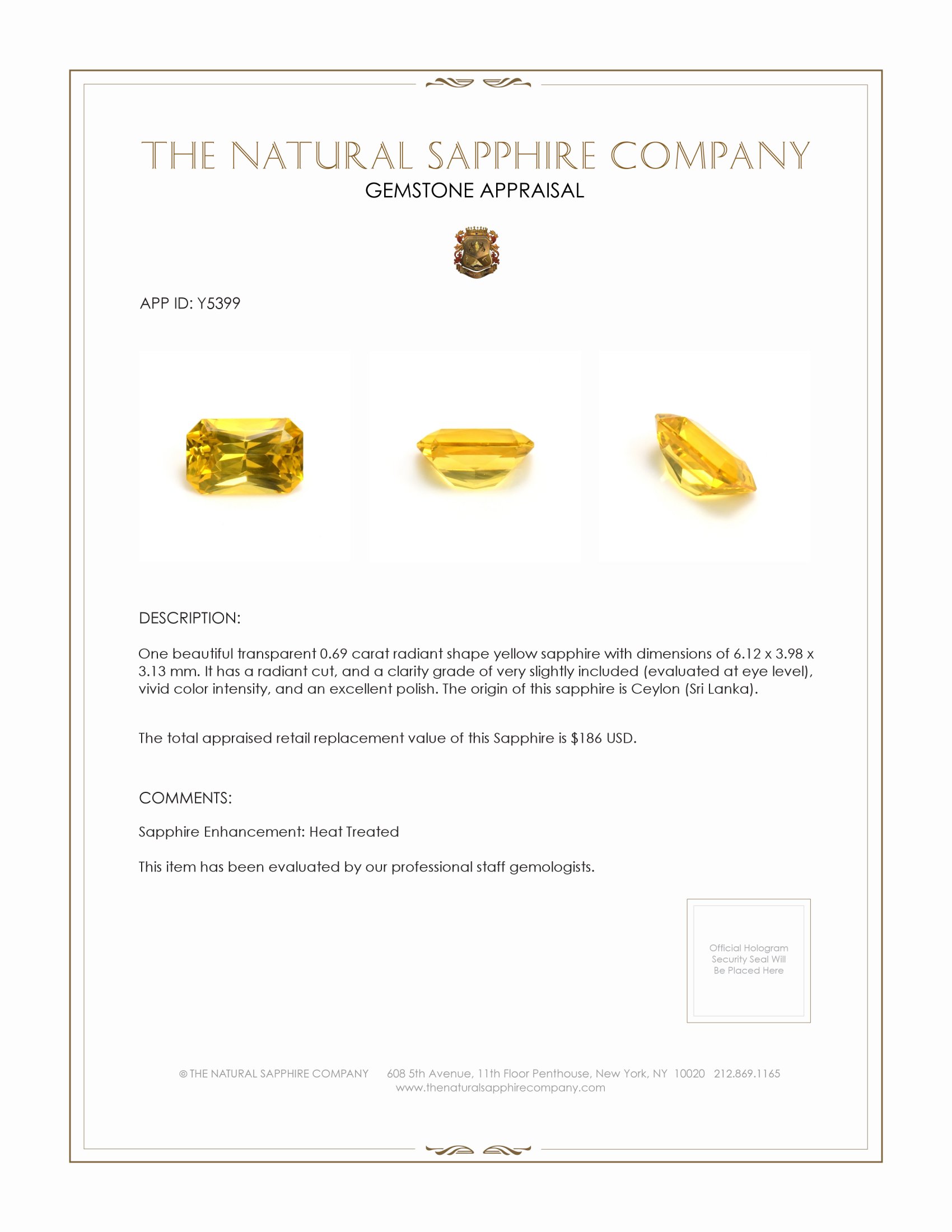 0.69 Ct. Yellow Sapphire from Ceylon (Sri Lanka)