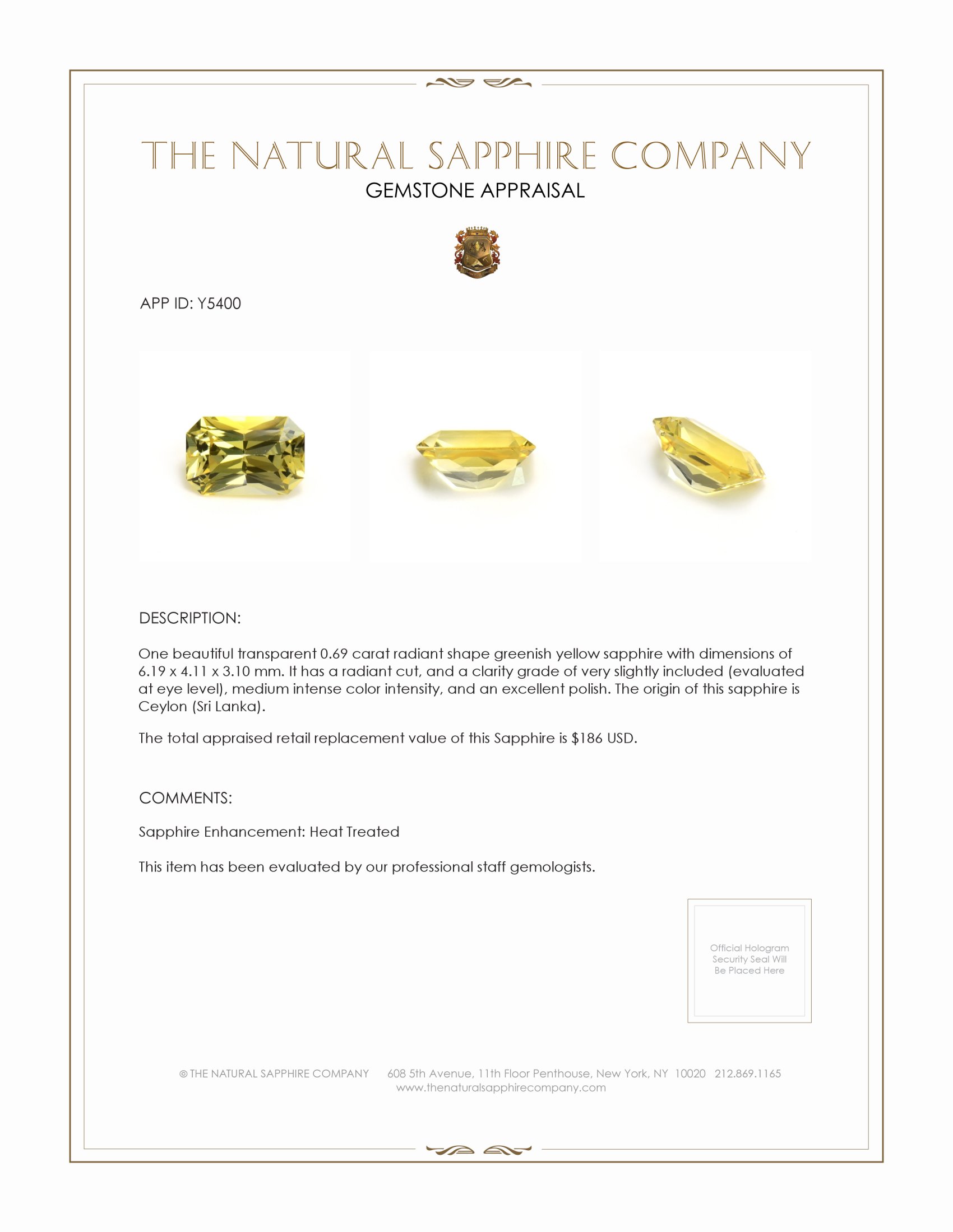 0.69 Ct. Greenish Yellow Sapphire from Ceylon (Sri Lanka)