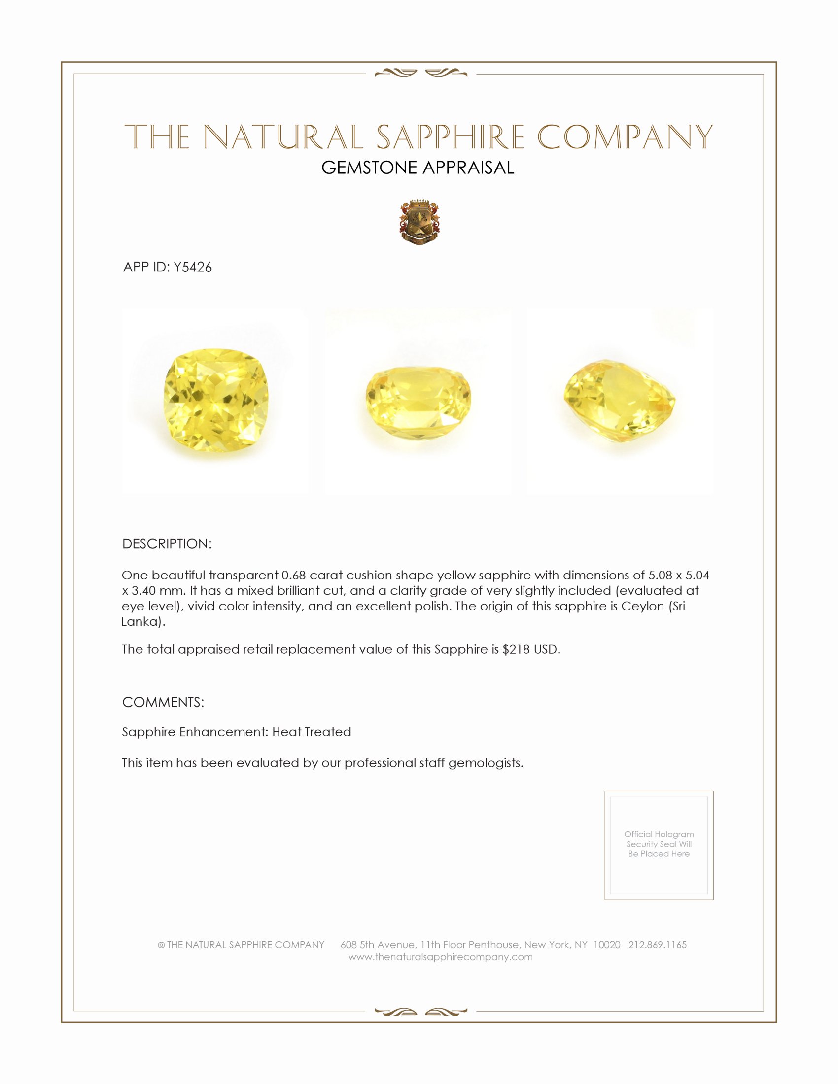 0.68 Ct. Yellow Sapphire from Ceylon (Sri Lanka)