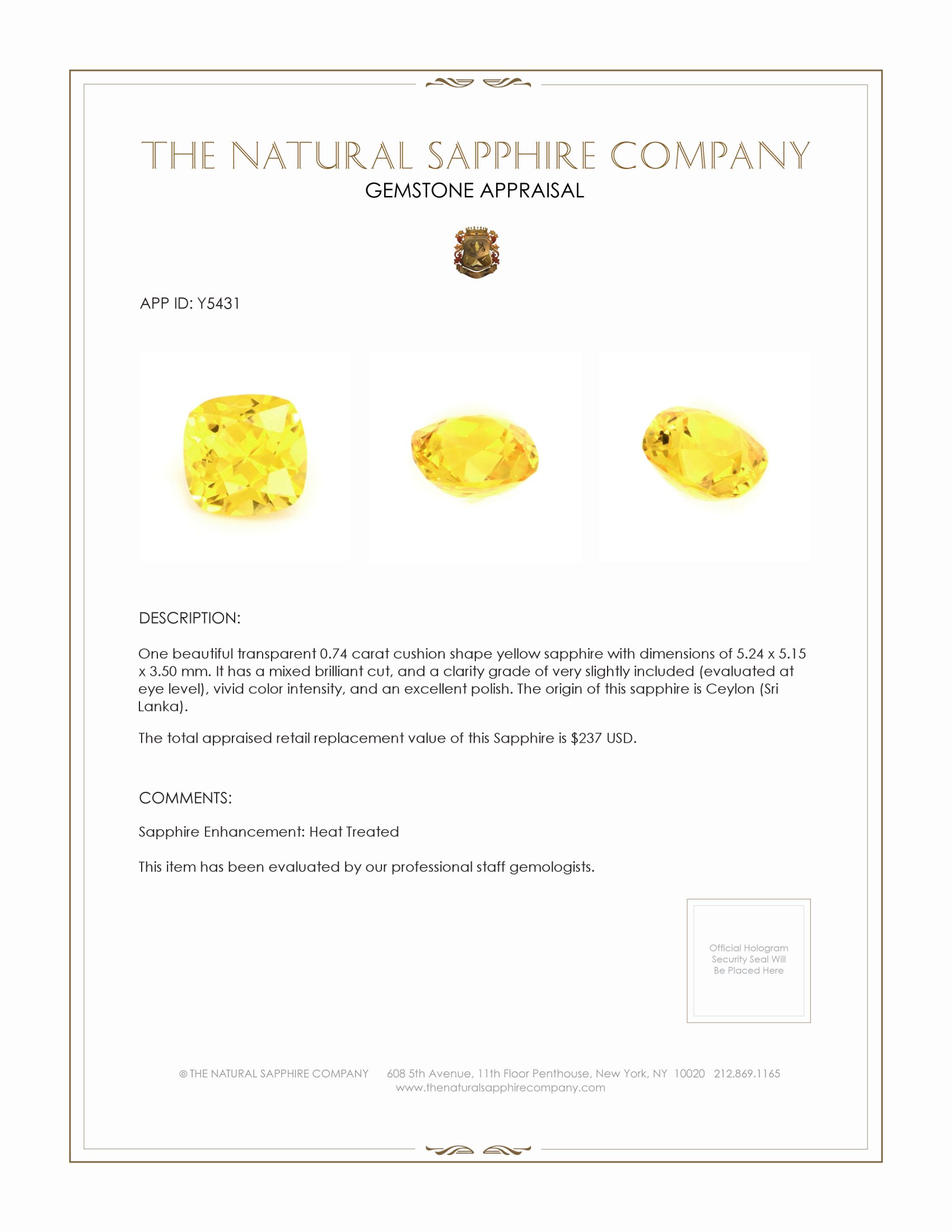 0.74 Ct. Yellow Sapphire from Ceylon (Sri Lanka)