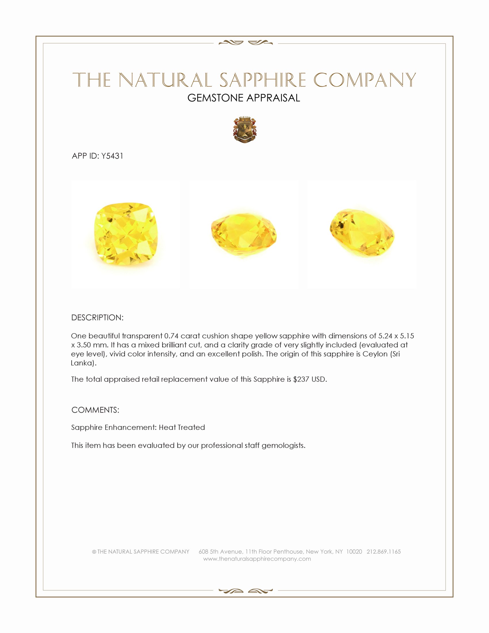 0.74 Ct. Yellow Sapphire from Ceylon (Sri Lanka)