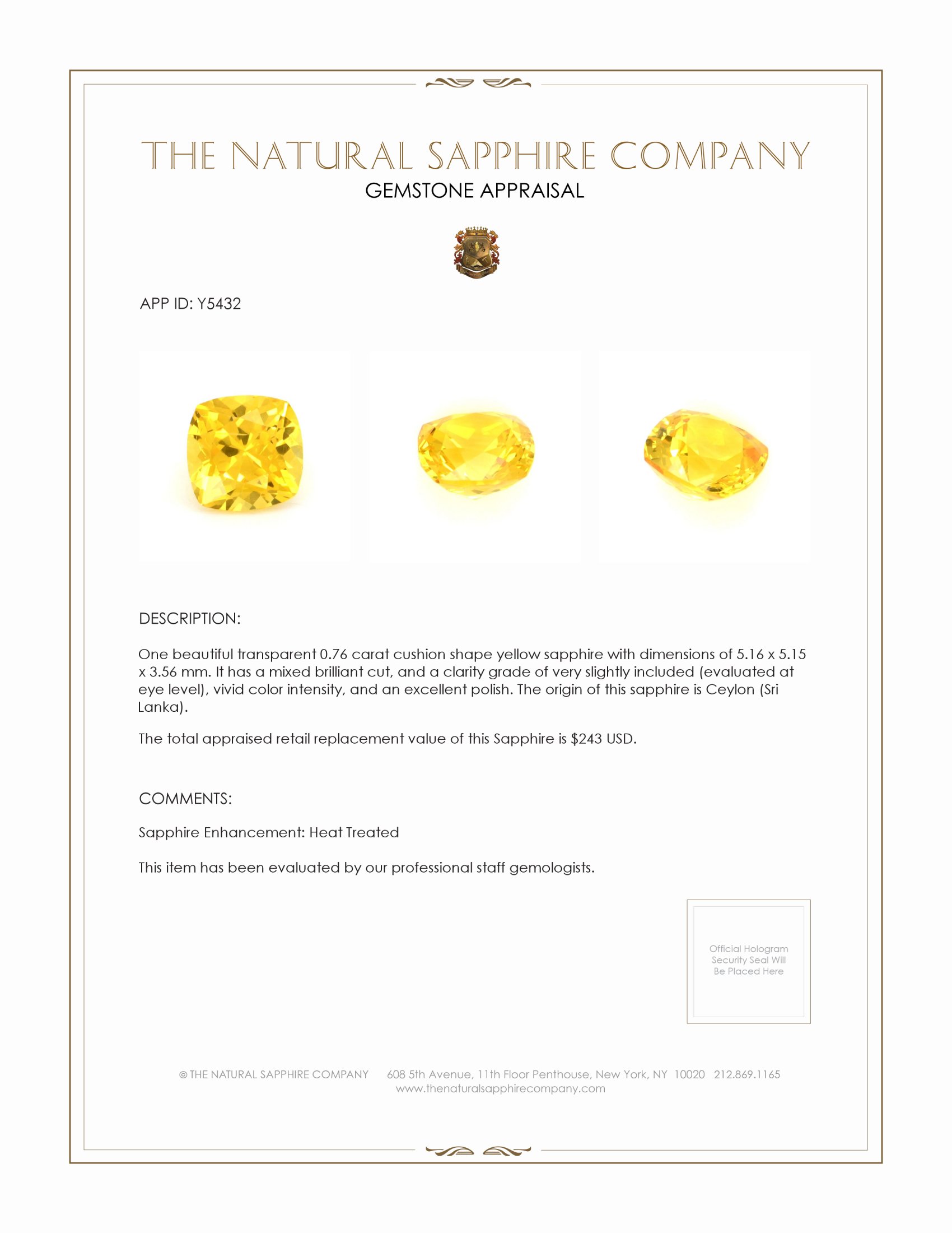 0.76 Ct. Yellow Sapphire from Ceylon (Sri Lanka)