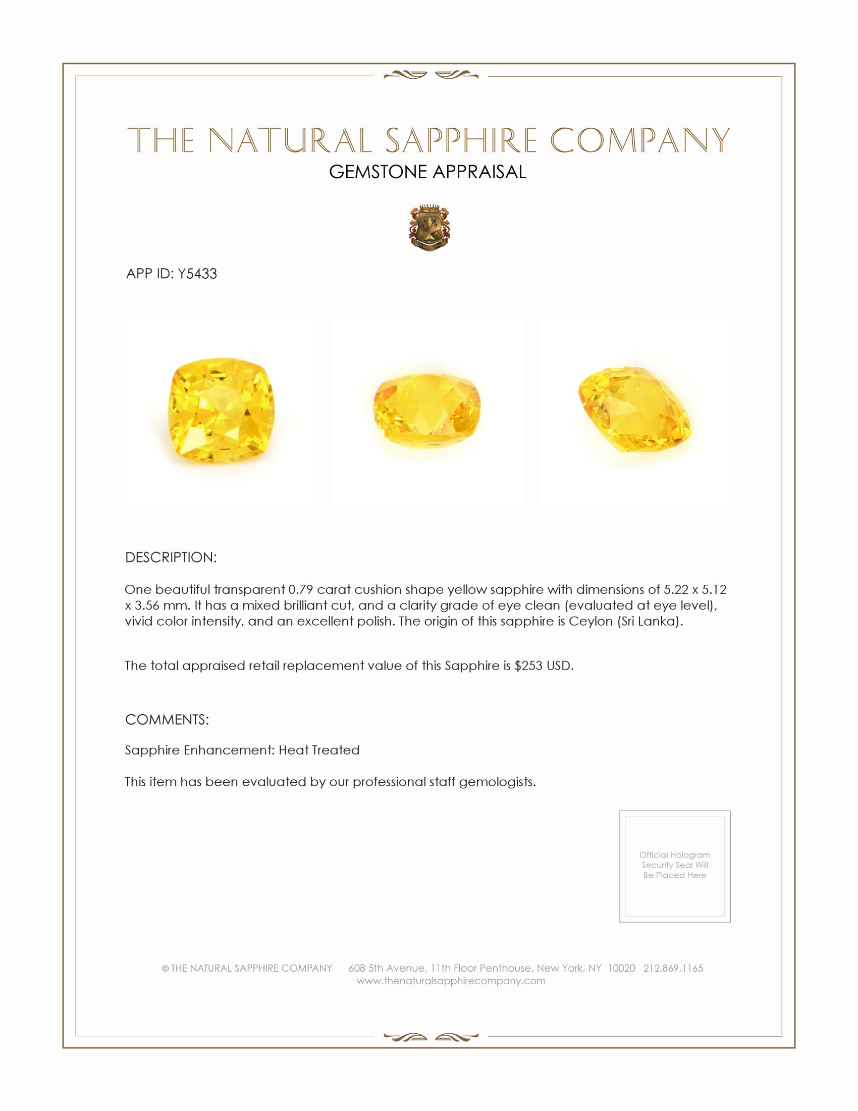 0.79 Ct. Yellow Sapphire from Ceylon (Sri Lanka)