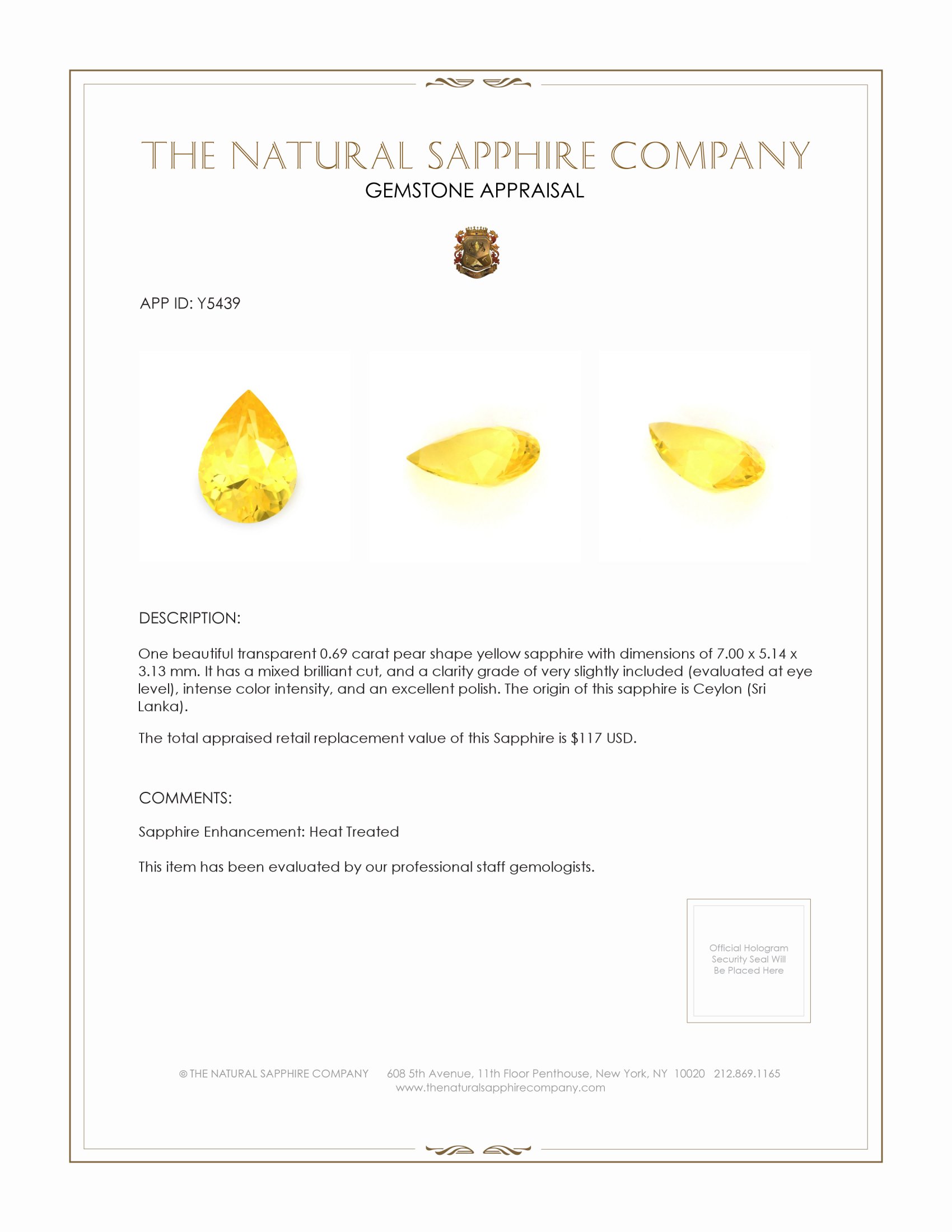 0.69 Ct. Yellow Sapphire from Ceylon (Sri Lanka)