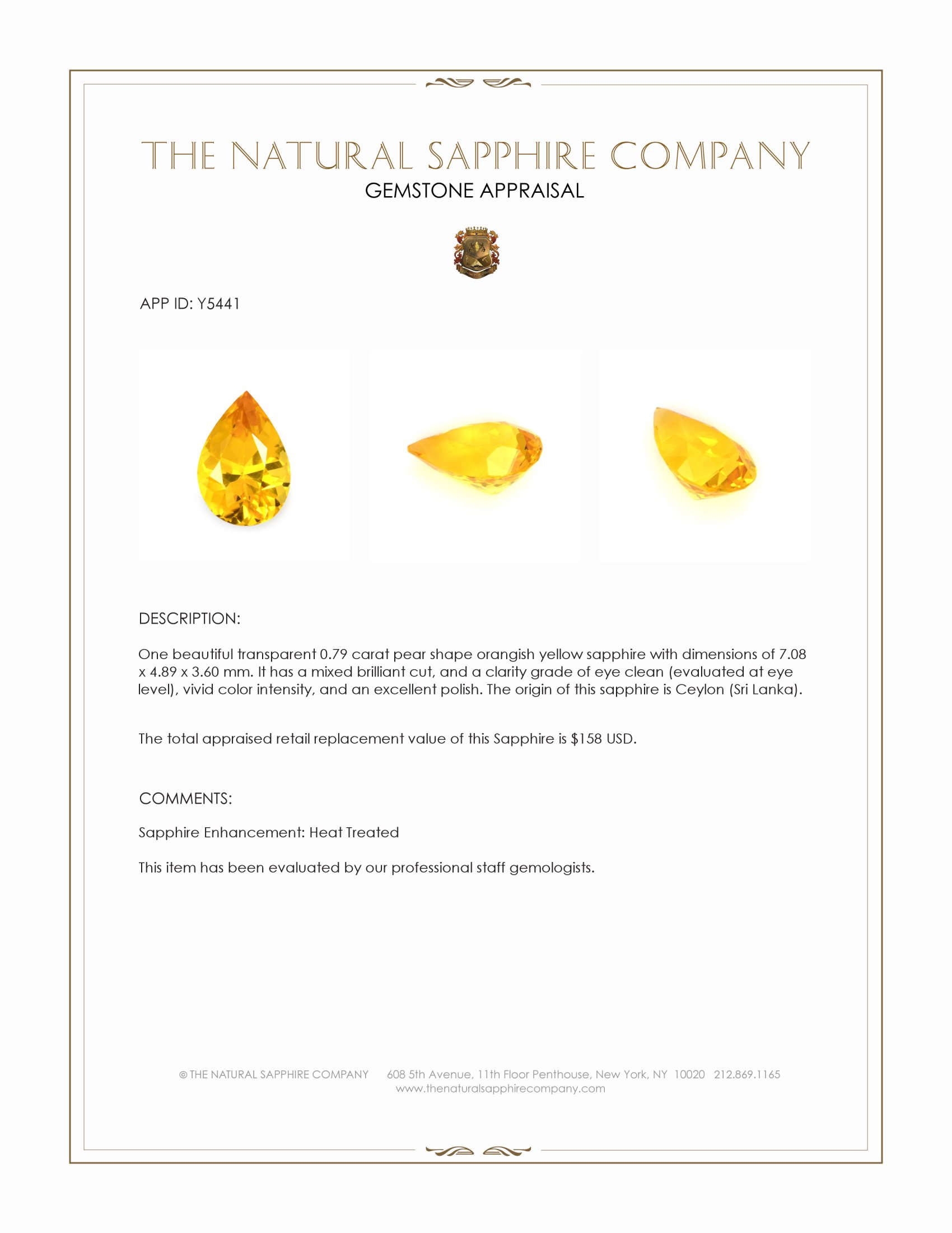 0.79 Ct. Orangish Yellow Sapphire from Ceylon (Sri Lanka)