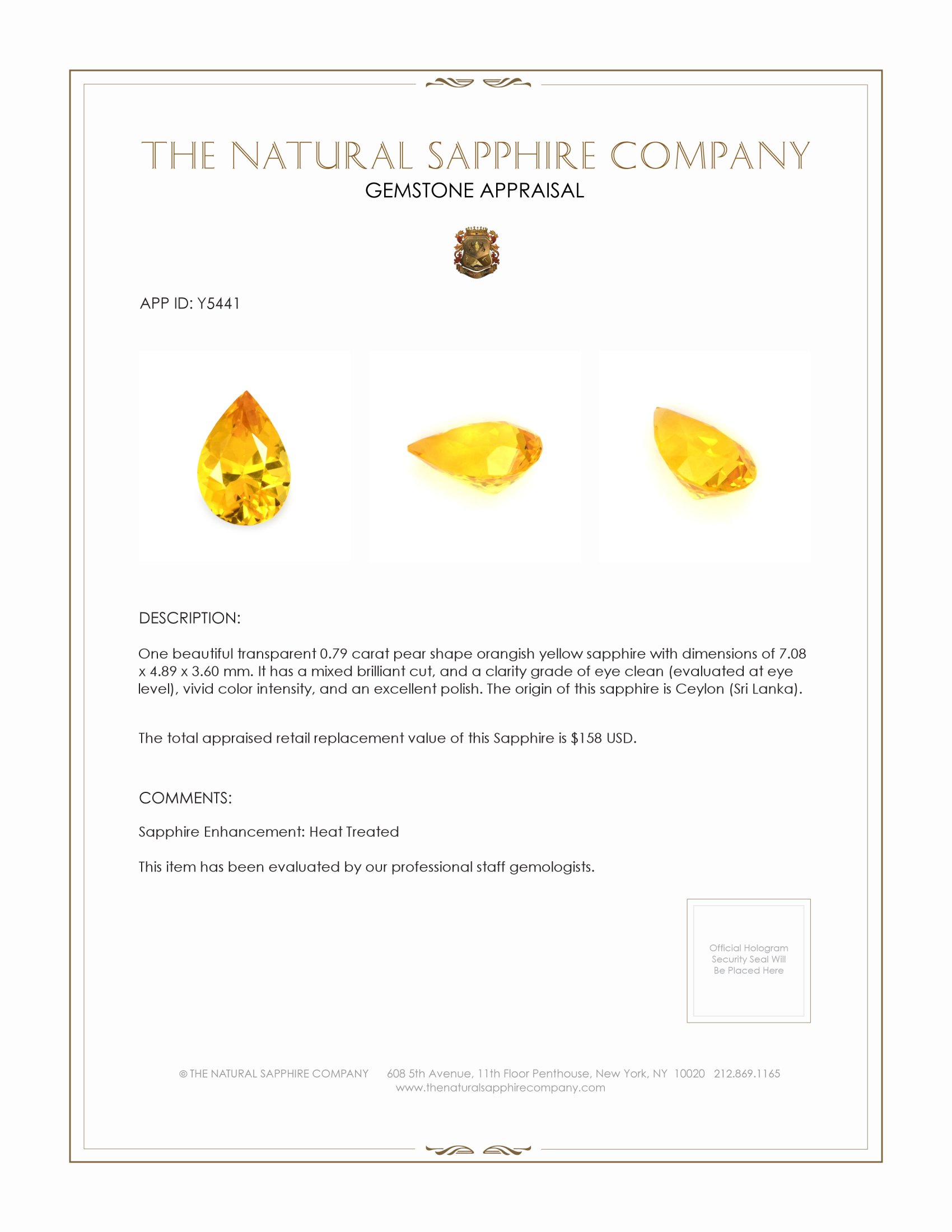 0.79 Ct. Orangish Yellow Sapphire from Ceylon (Sri Lanka)