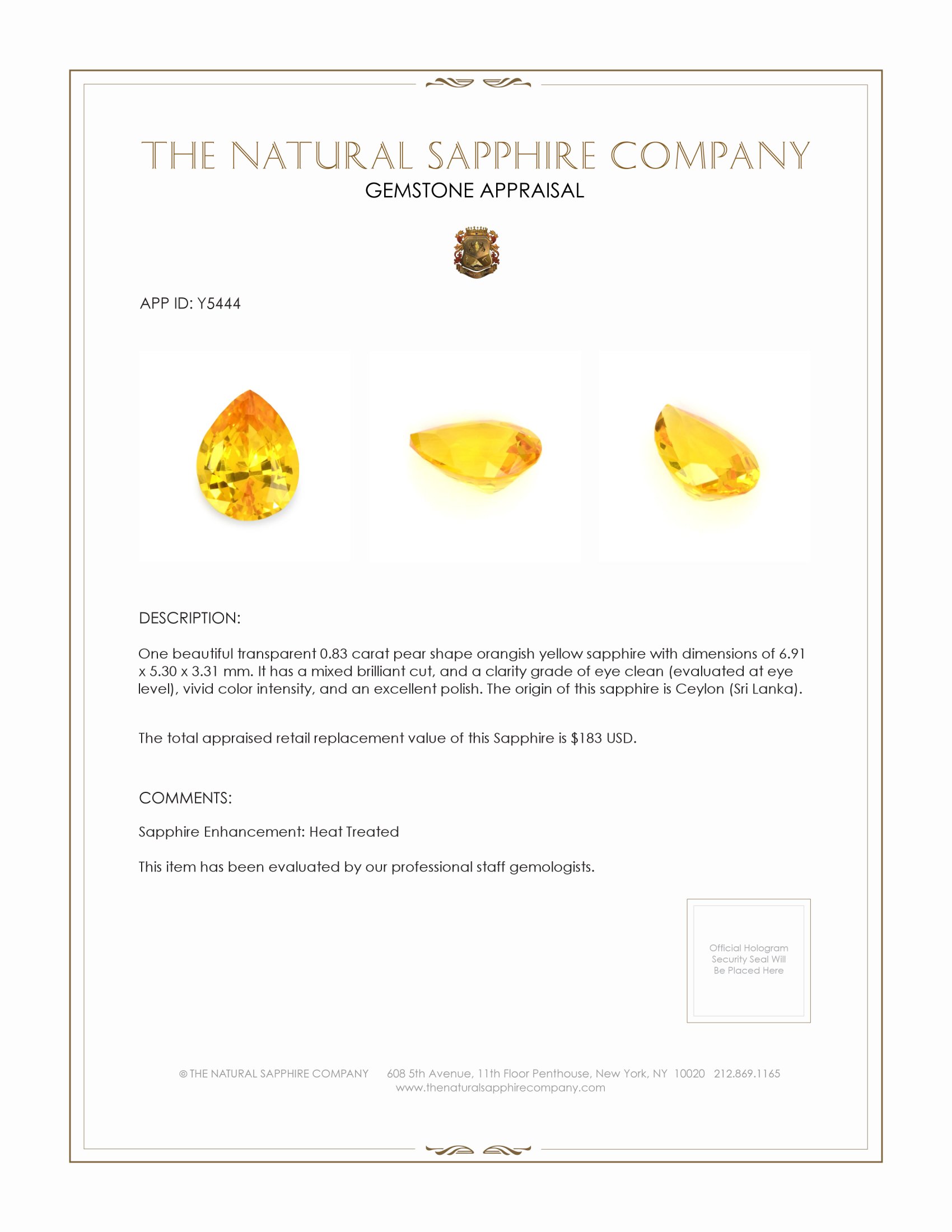 0.83 Ct. Orangish Yellow Sapphire from Ceylon (Sri Lanka)