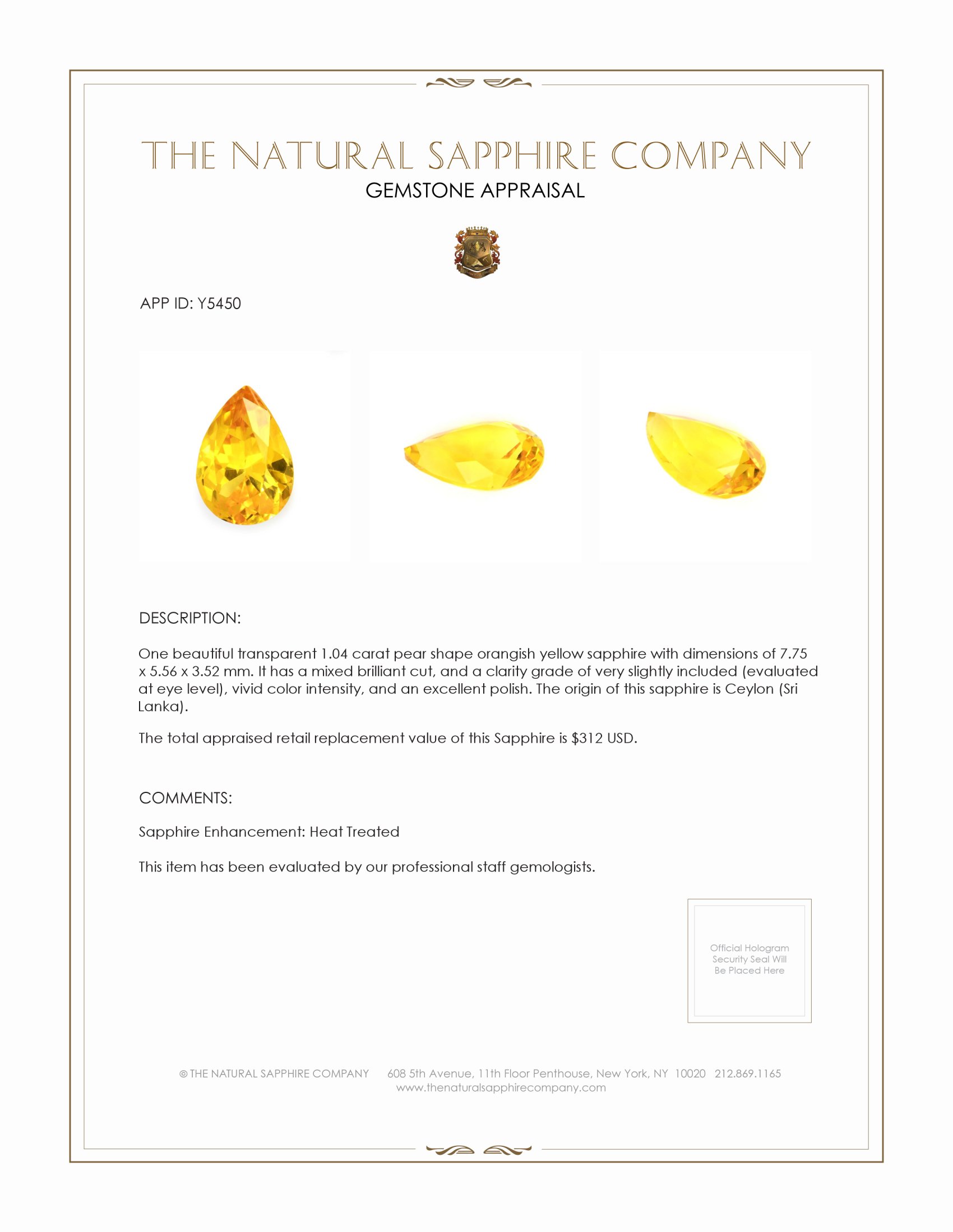 1.04 Ct. Orangish Yellow Sapphire from Ceylon (Sri Lanka)
