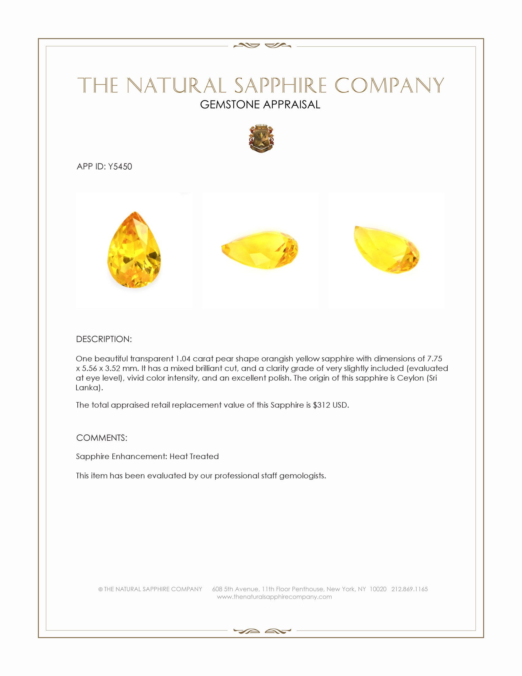 1.04 Ct. Orangish Yellow Sapphire from Ceylon (Sri Lanka)