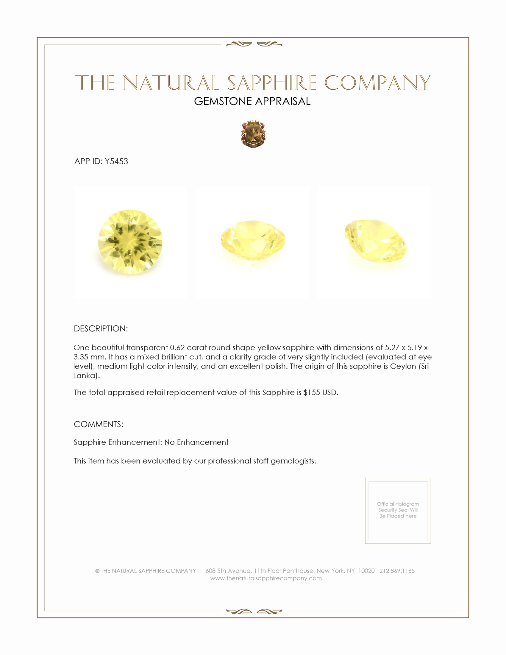 0.62 Ct. Yellow Sapphire from Ceylon (Sri Lanka)