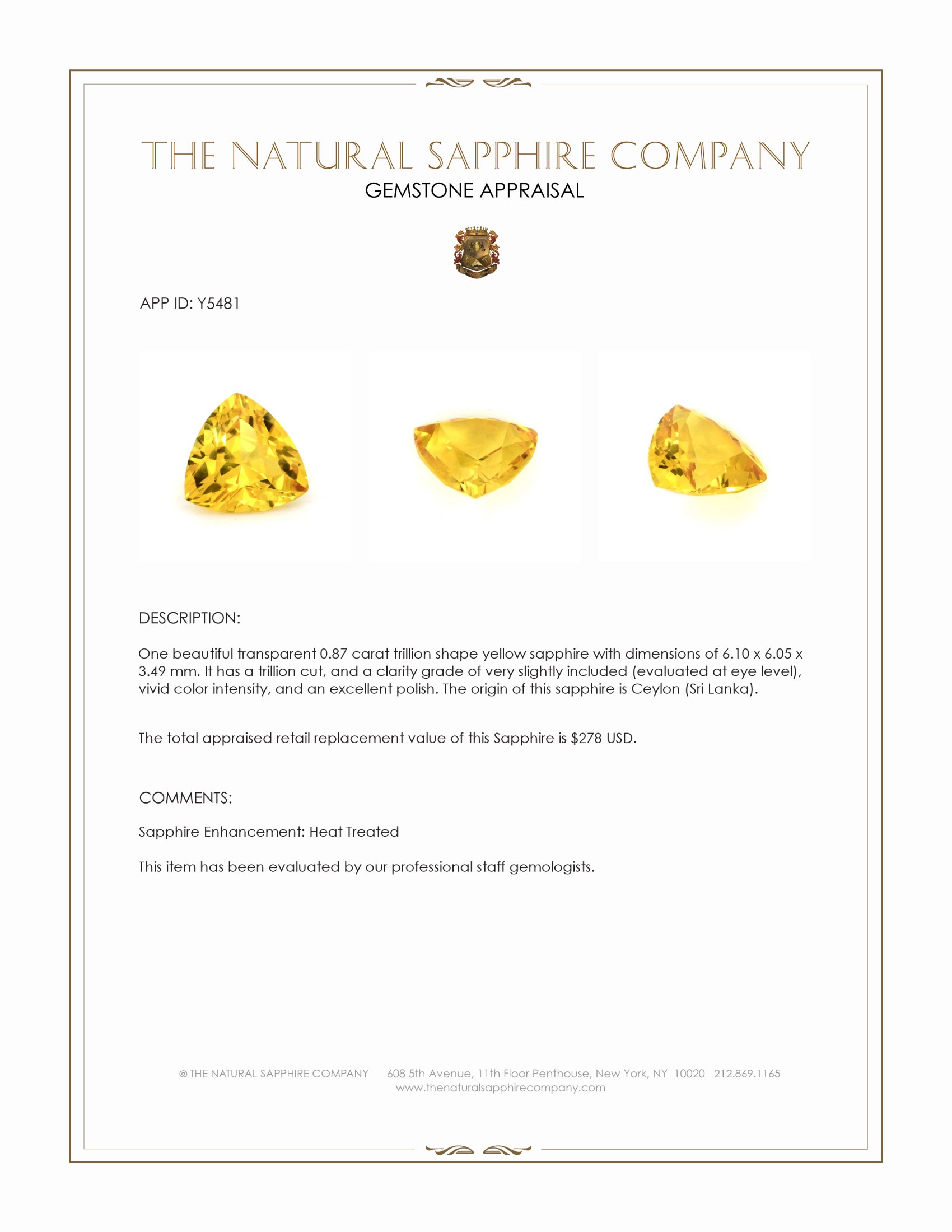 0.87 Ct. Yellow Sapphire from Ceylon (Sri Lanka)