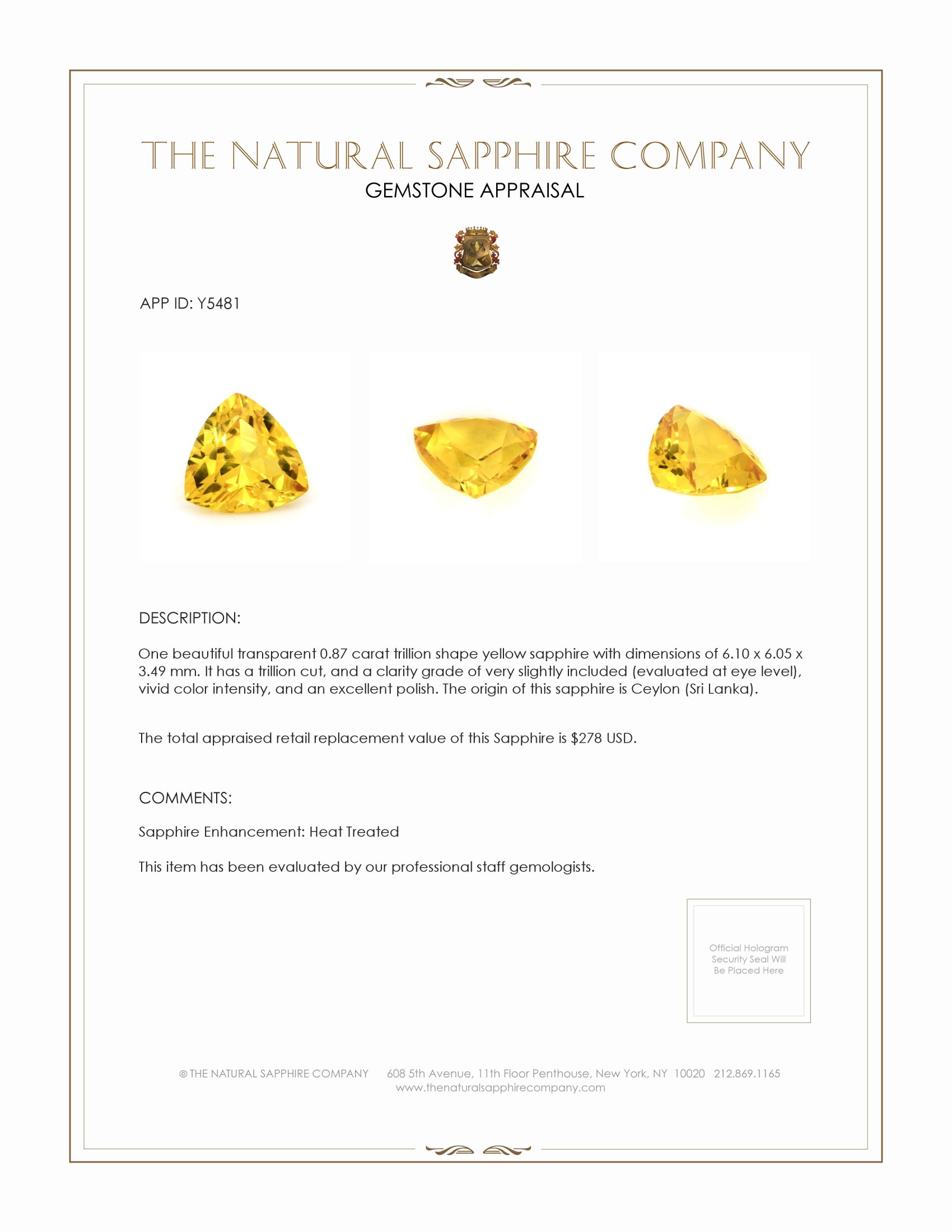 0.87 Ct. Yellow Sapphire from Ceylon (Sri Lanka)