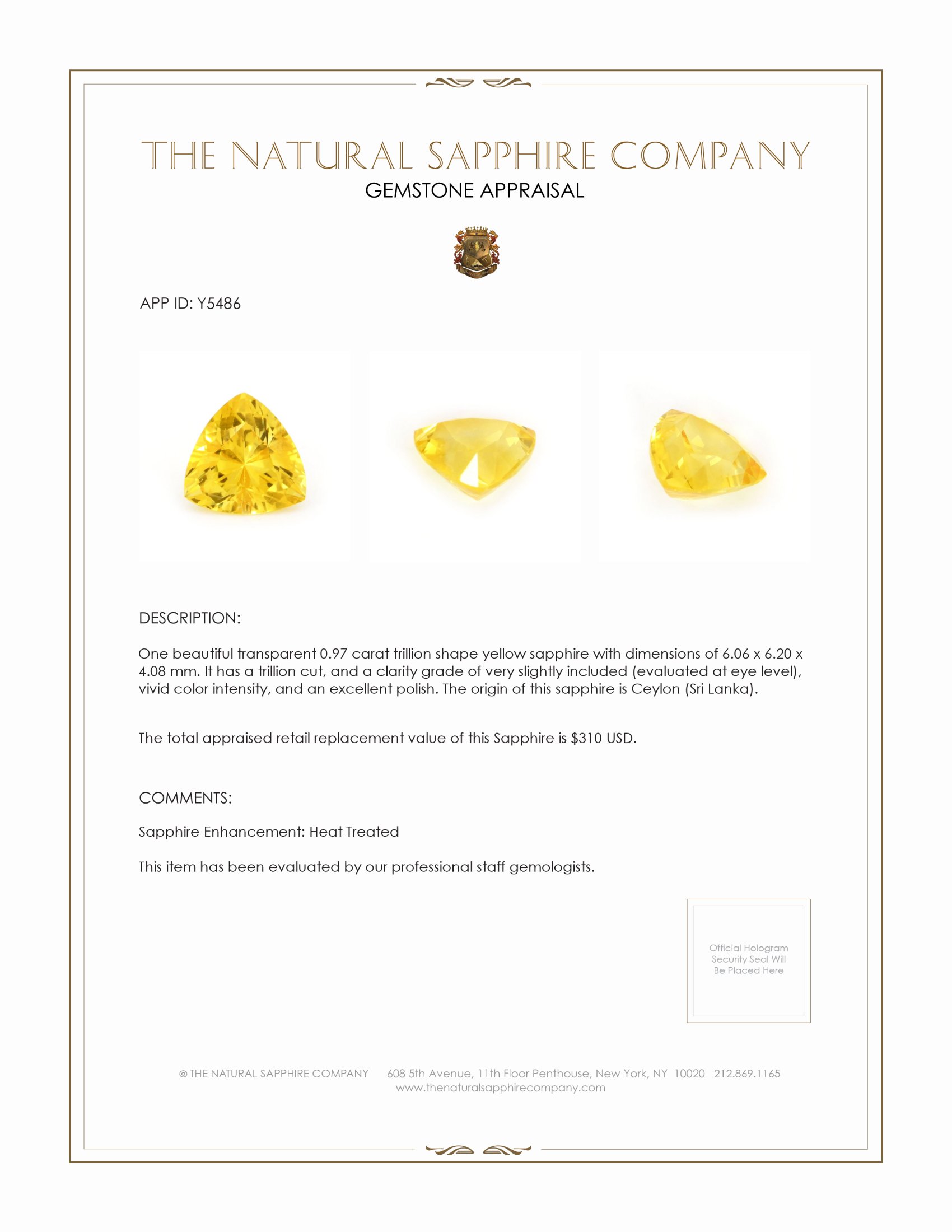 0.97 Ct. Yellow Sapphire from Ceylon (Sri Lanka)