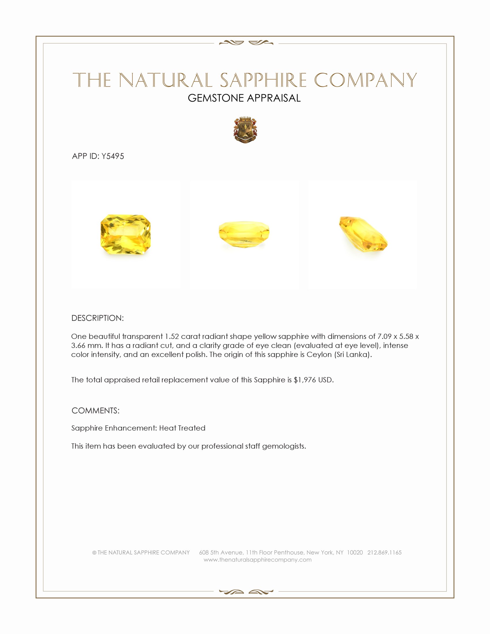 1.52 Ct. Yellow Sapphire from Ceylon (Sri Lanka)