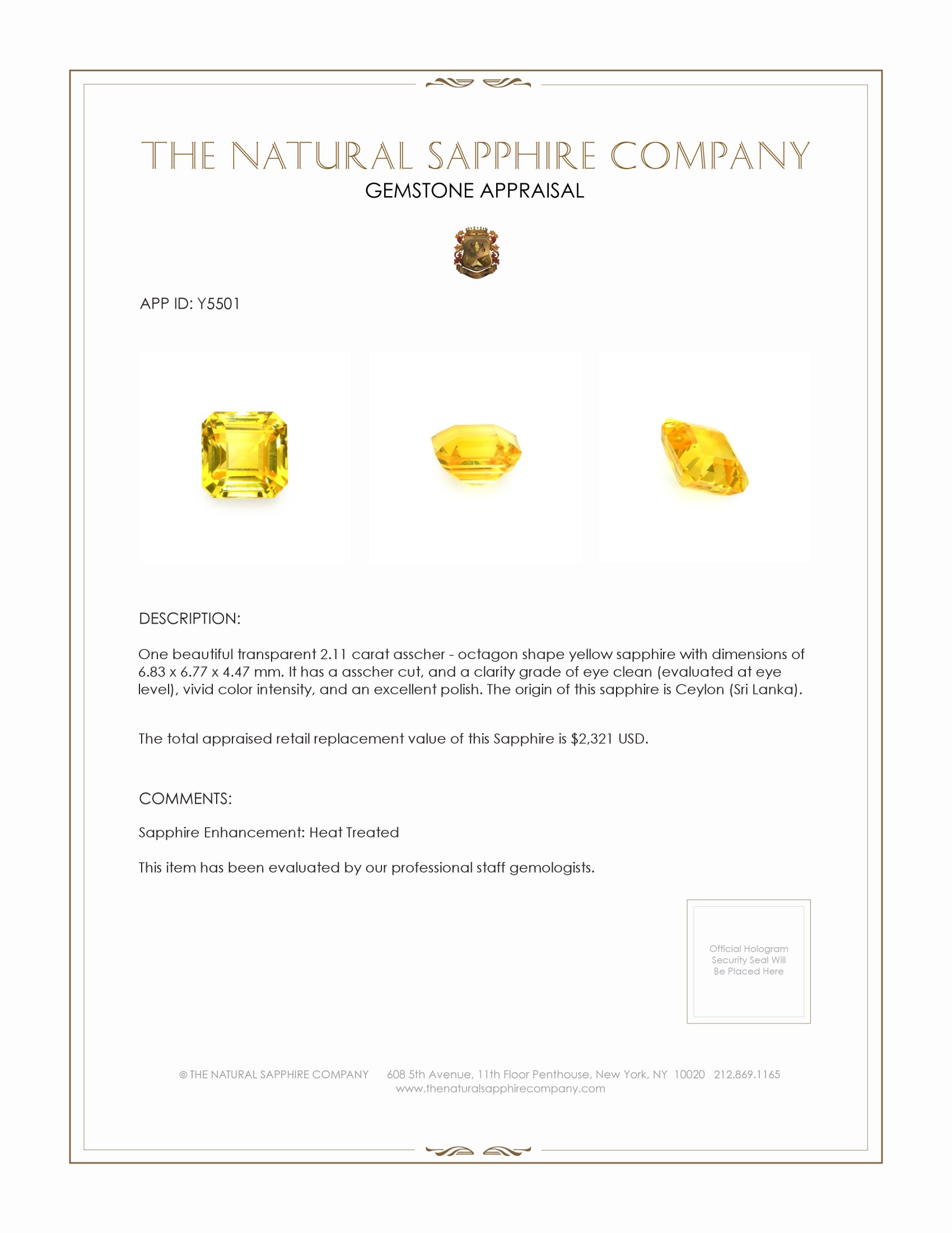 2.11 Ct. Yellow Sapphire from Ceylon (Sri Lanka)