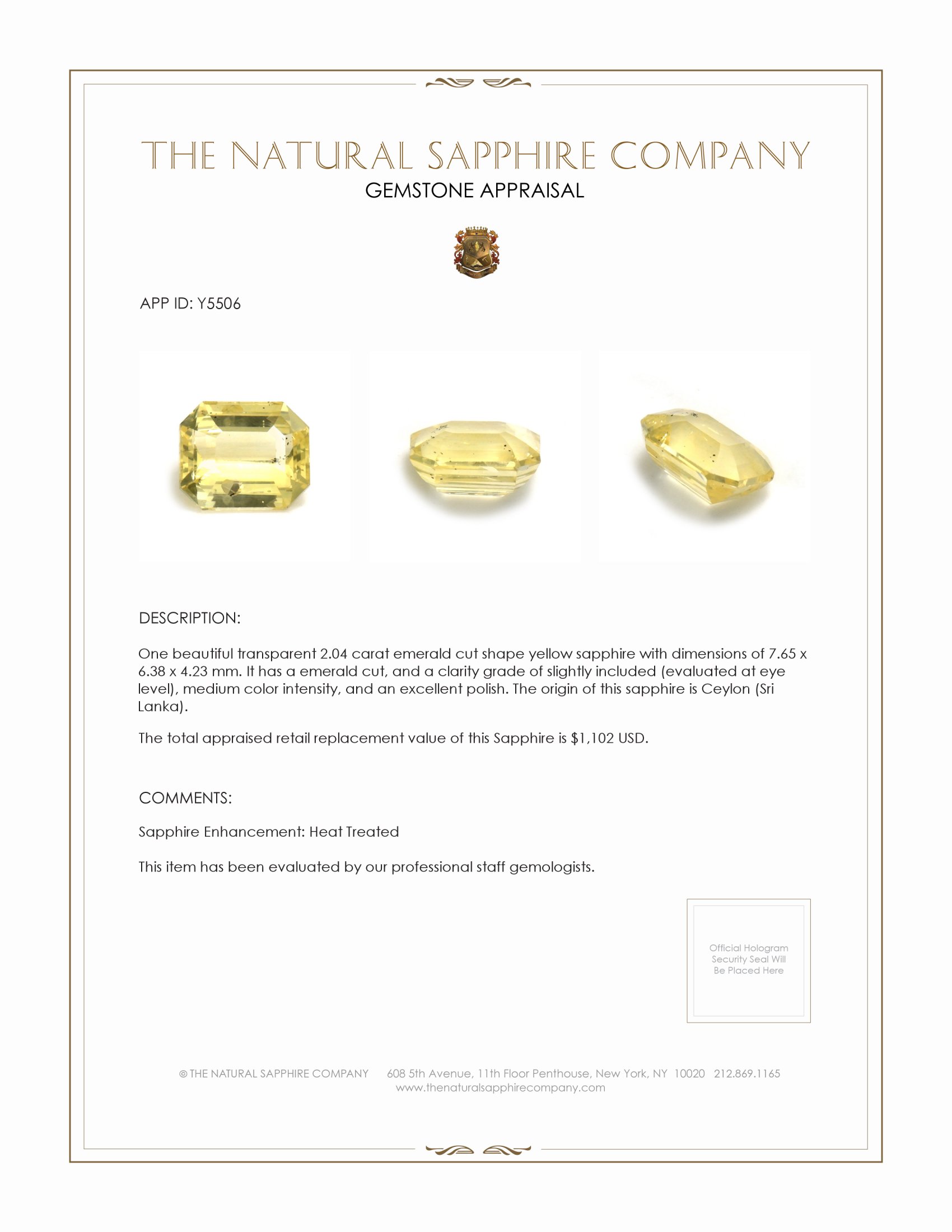 2.04 Ct. Yellow Sapphire from Ceylon (Sri Lanka)