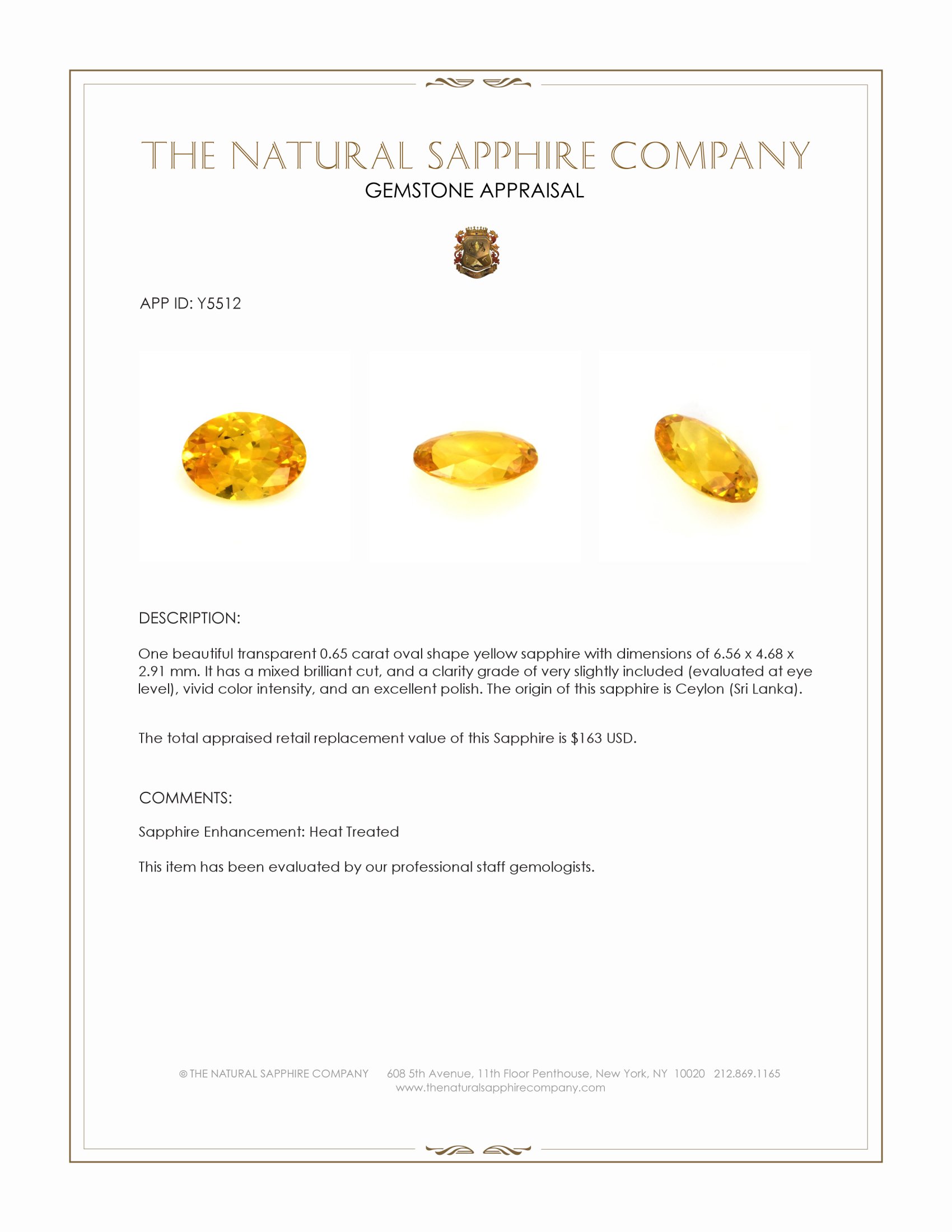 0.65 Ct. Yellow Sapphire from Ceylon (Sri Lanka)