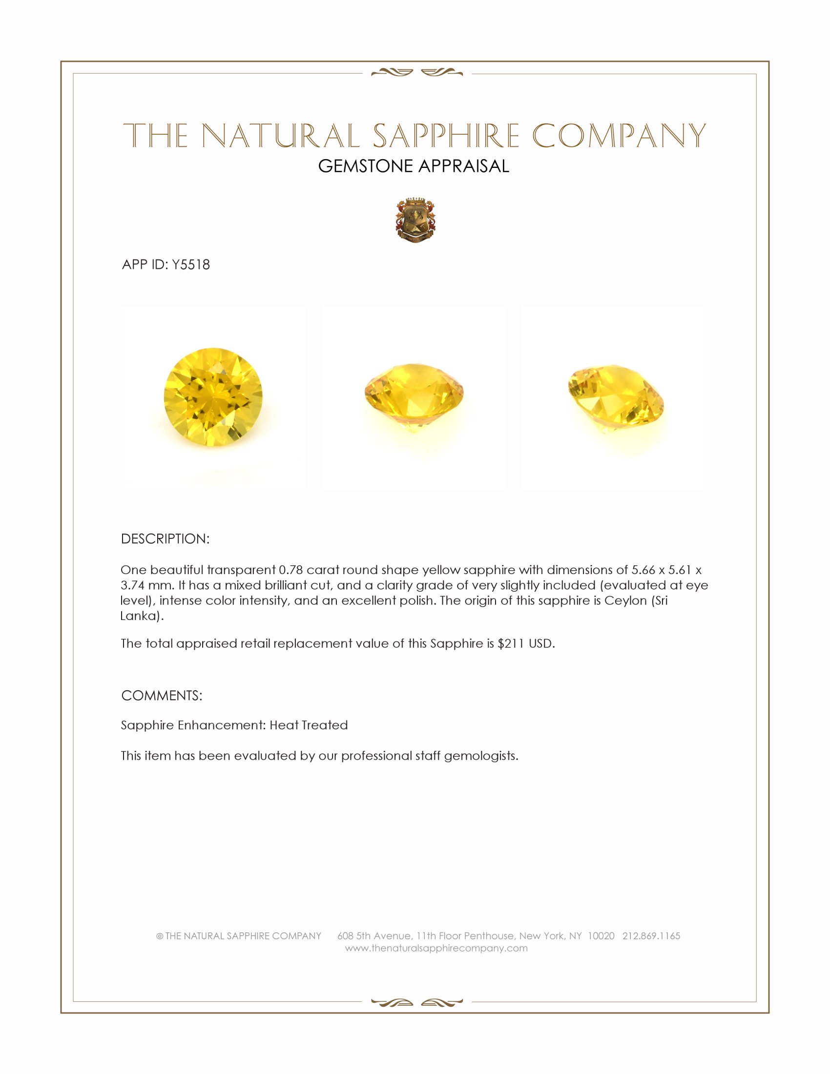 0.78 Ct. Yellow Sapphire from Ceylon (Sri Lanka)
