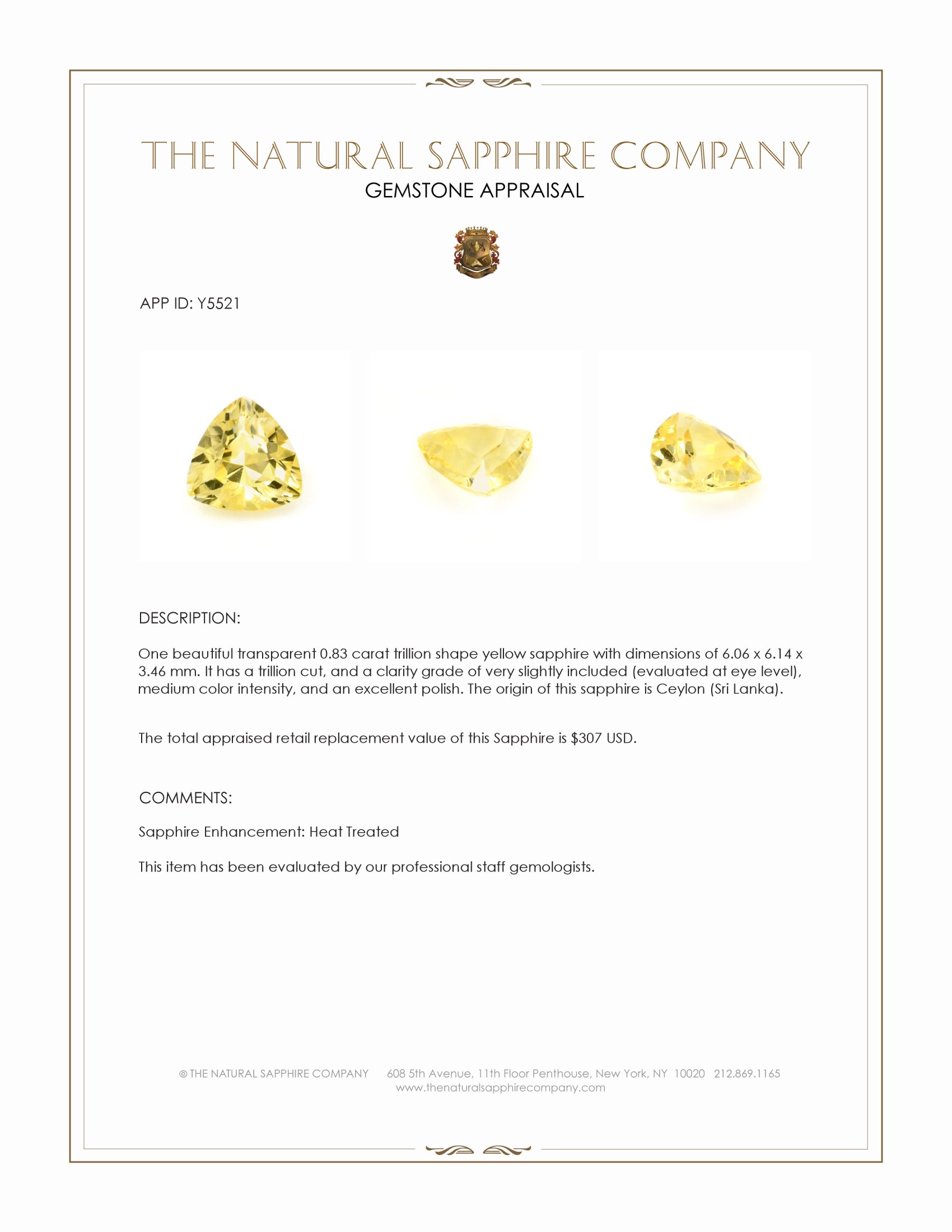 0.83 Ct. Yellow Sapphire from Ceylon (Sri Lanka)
