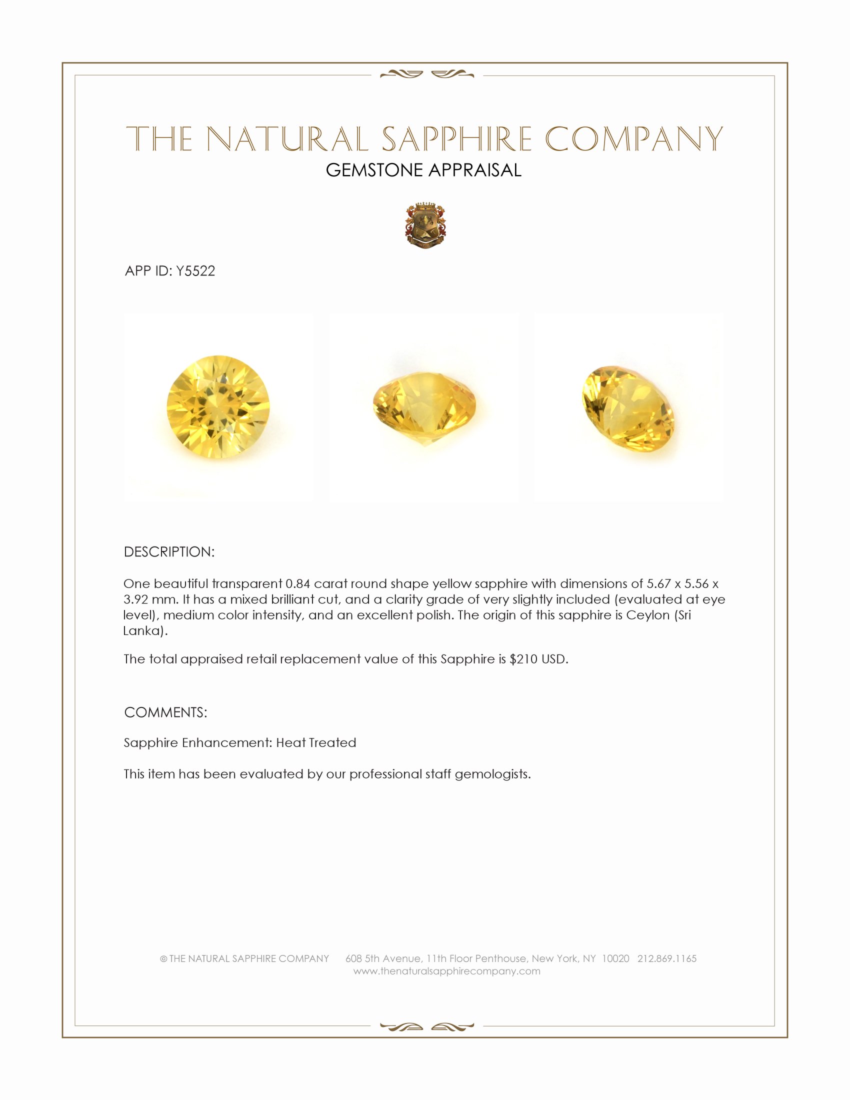 0.84 Ct. Yellow Sapphire from Ceylon (Sri Lanka)