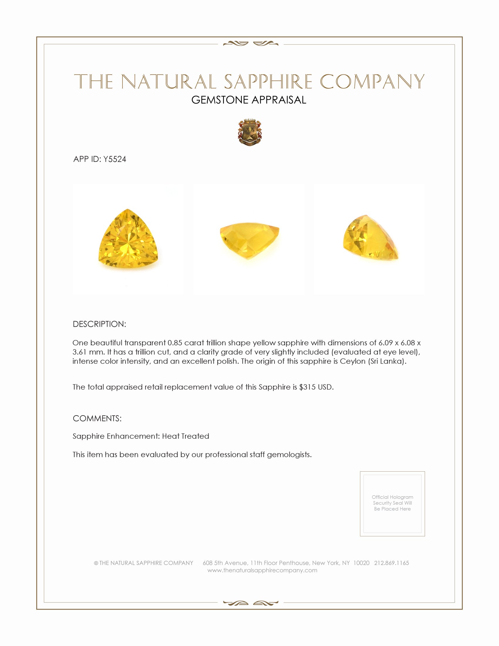 0.85 Ct. Yellow Sapphire from Ceylon (Sri Lanka)