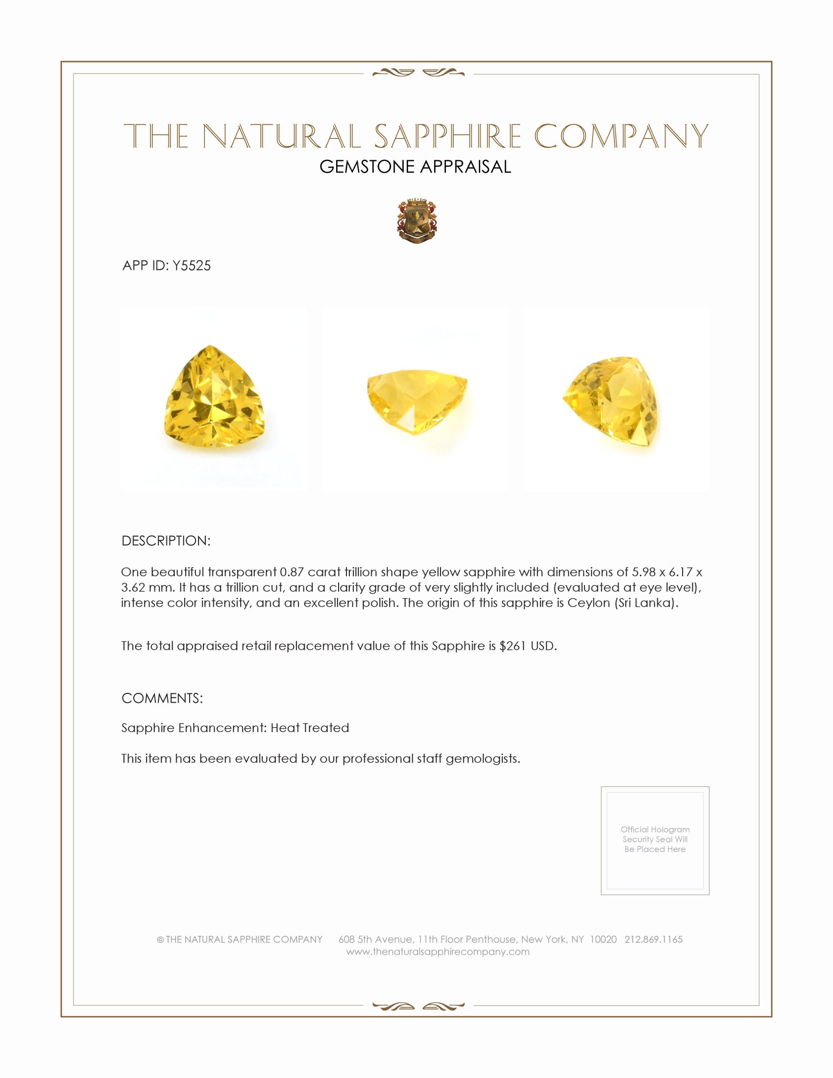 0.87 Ct. Yellow Sapphire from Ceylon (Sri Lanka)