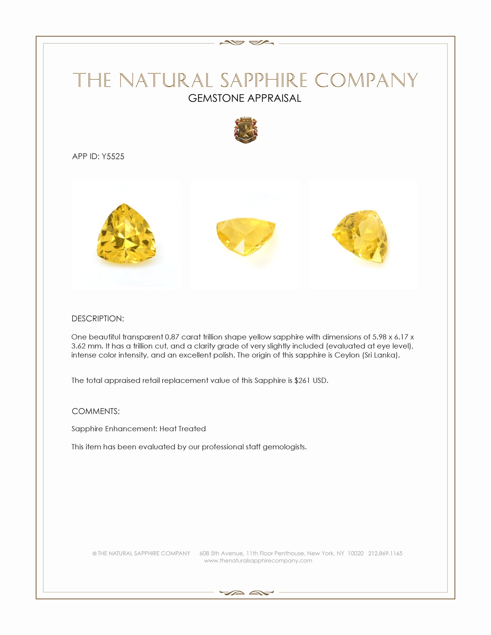 0.87 Ct. Yellow Sapphire from Ceylon (Sri Lanka)
