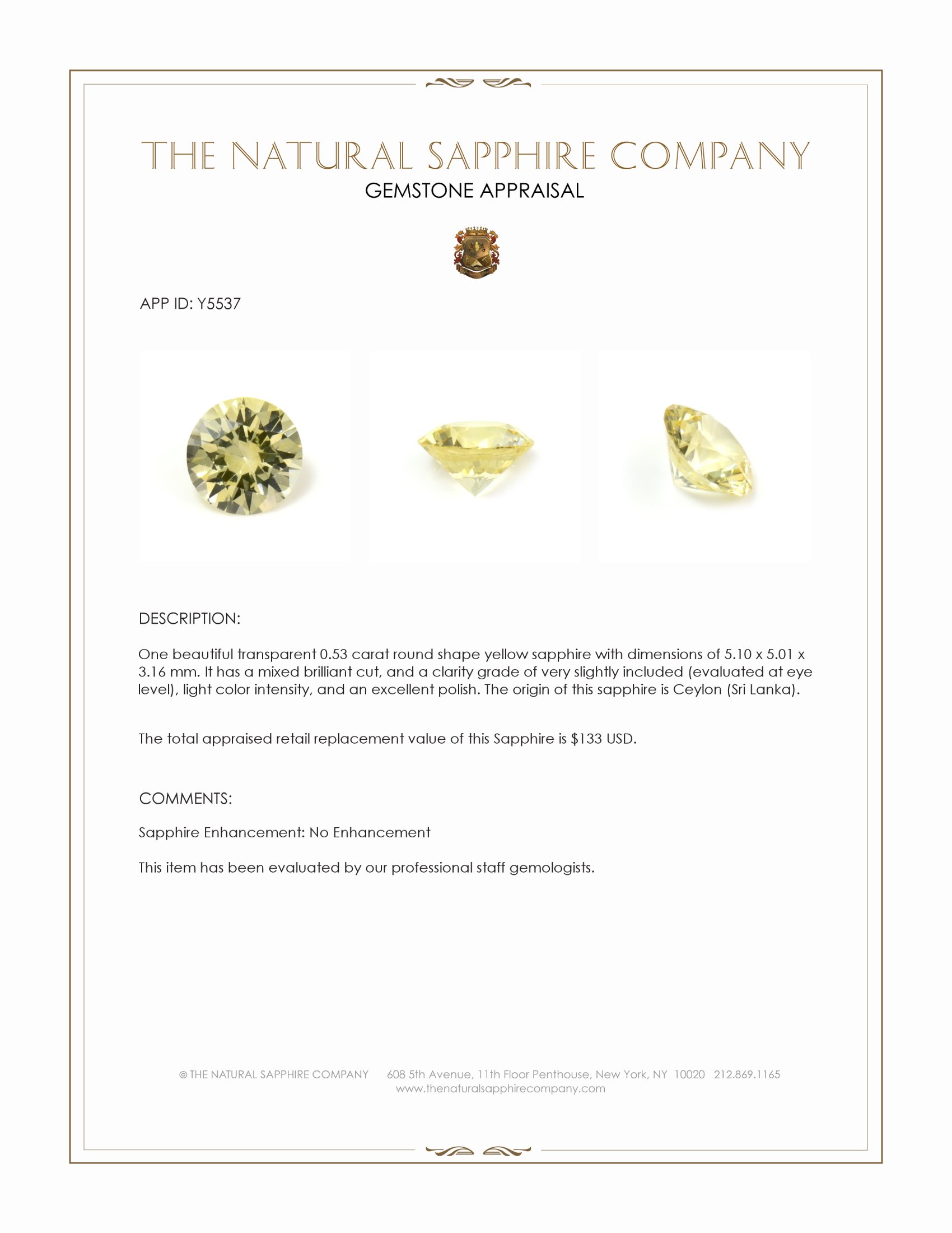 0.53 Ct. Yellow Sapphire from Ceylon (Sri Lanka)